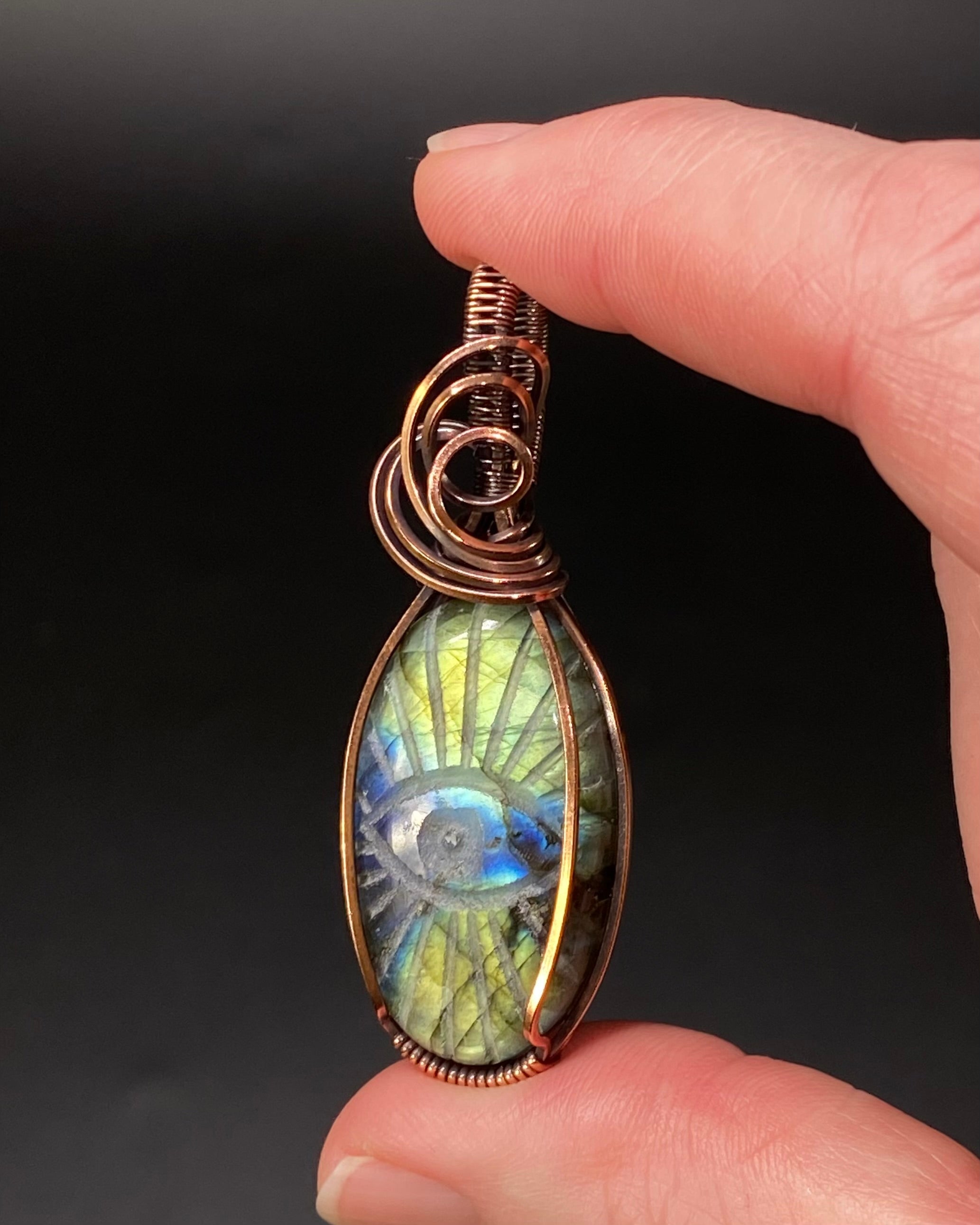 Evil Eye Carved Labradorite Cabochon and Copper Handmade Wire Wrapped Pendant