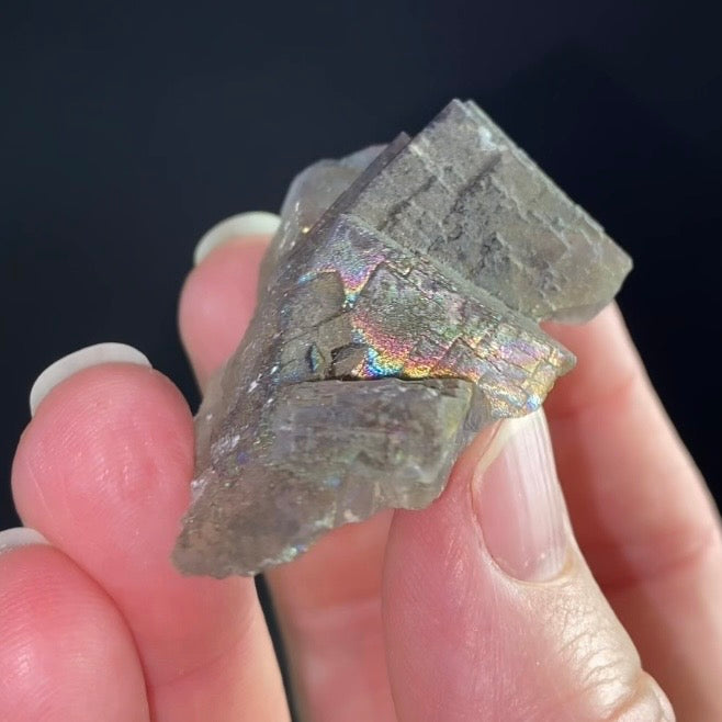Blue and Gray Cubic Fluorite Cluster with Rainbow Iridescent Iron Oxide Surface