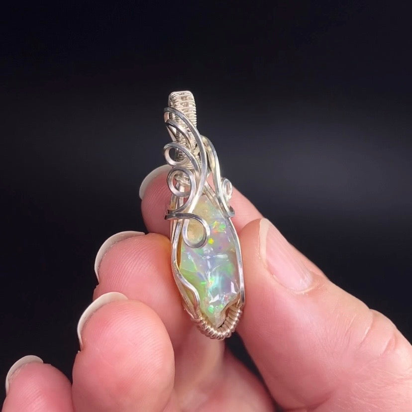 Ethiopian Welo Opal & Sterling Silver Wire Wrapped Pendant