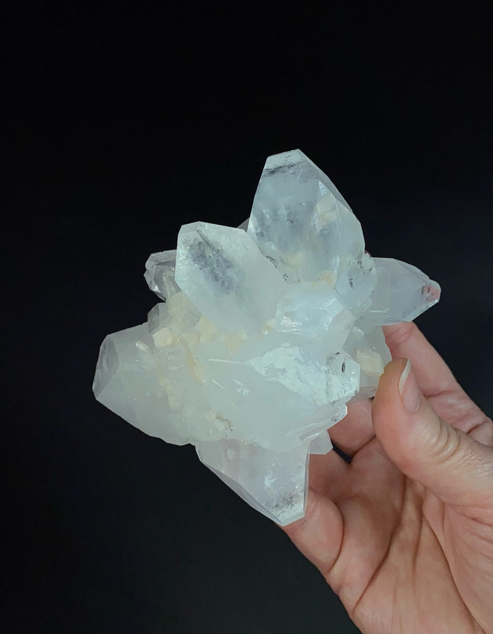 Clear Apophyllite Crystal Cluster with Stilbite & Fluorescent Inclusions, from Jalgaon, Maharashtra, India