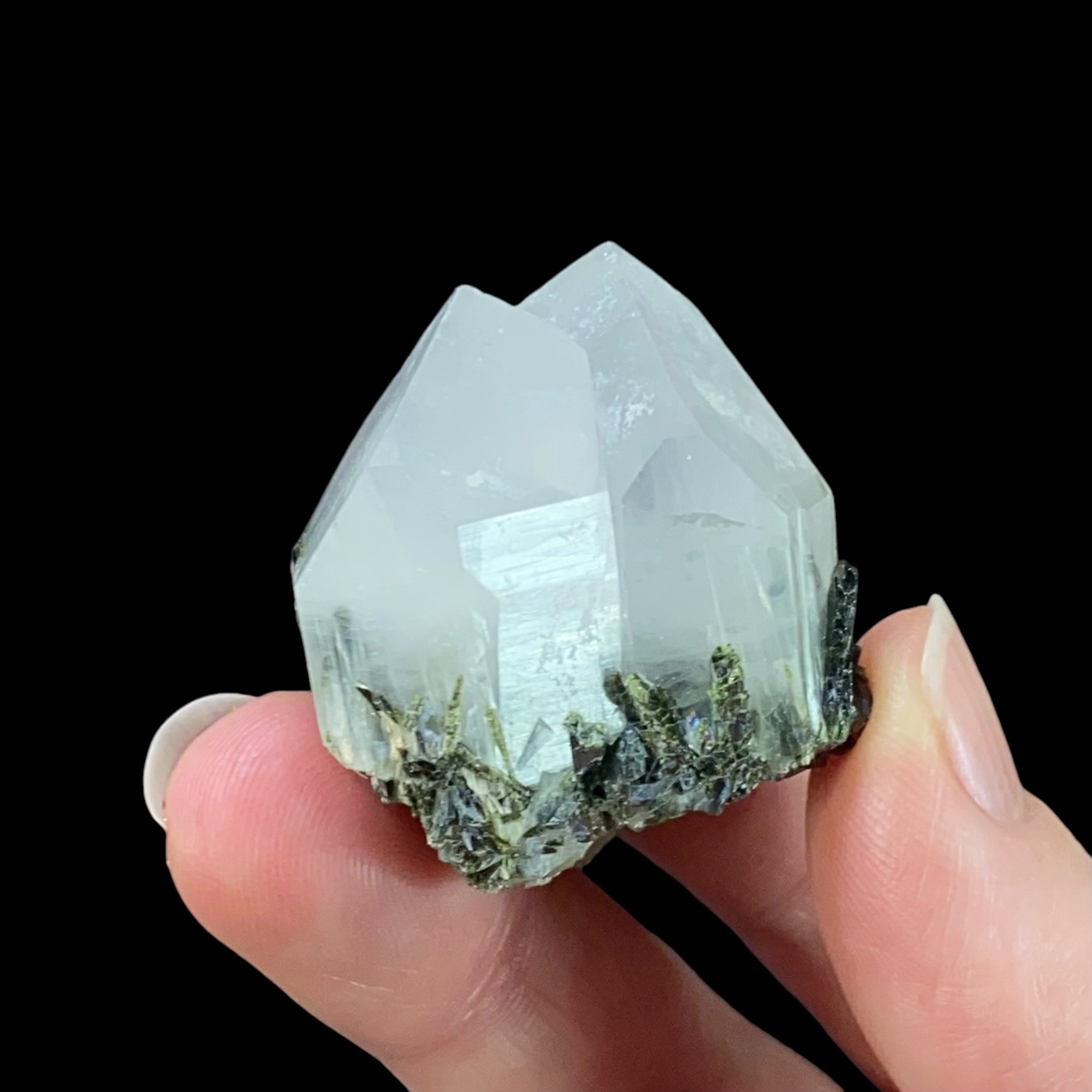 Twin Quartz Crystal Cluster with Dark Green Epidote Crystals & Byssolite