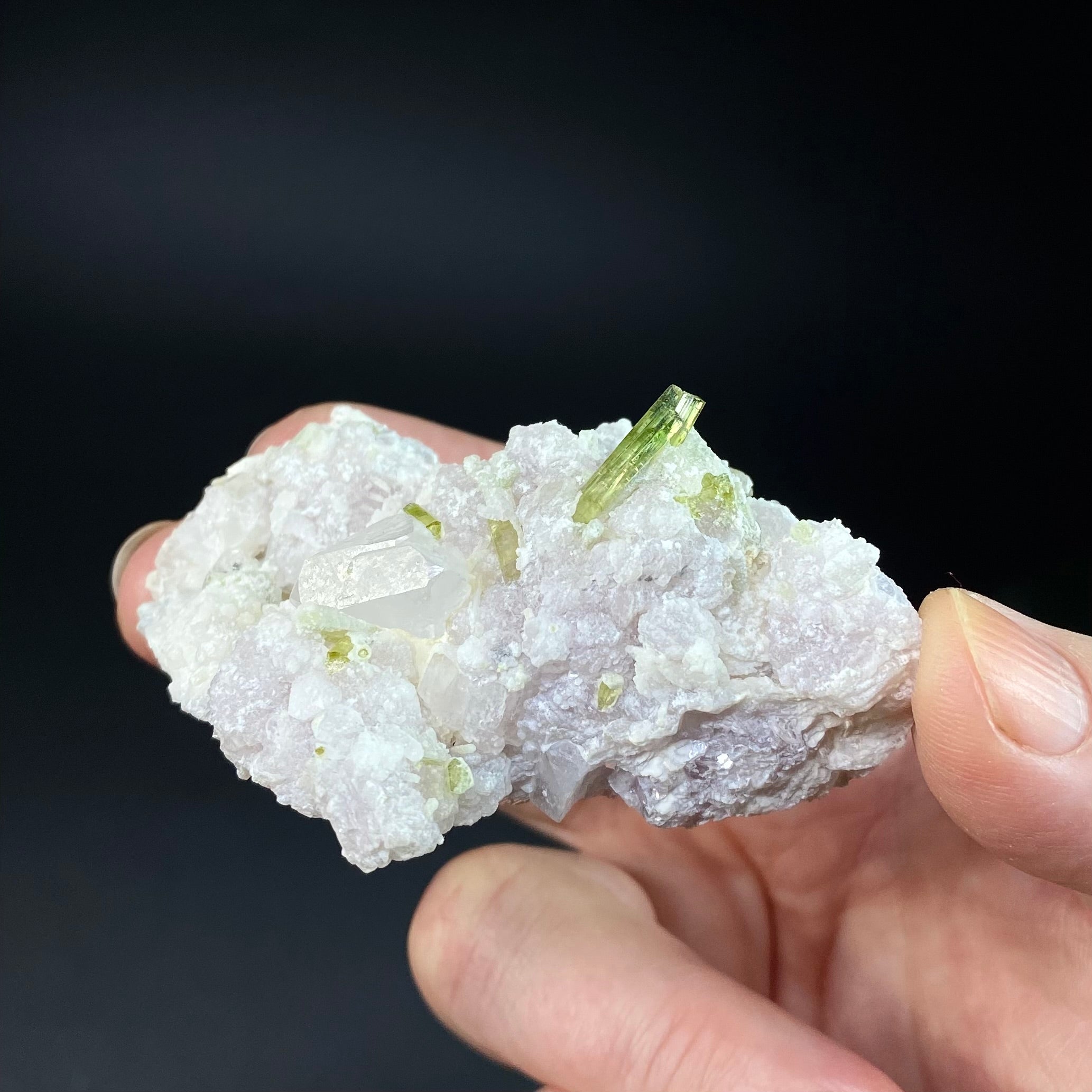 Clear Topaz Crystal with Green Tourmaline and Lepidolite
