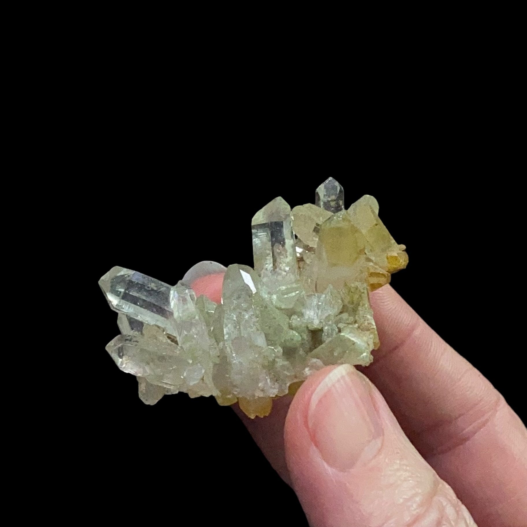 Clear Quartz Cluster with Chlorite Inclusions & Yellow Iron Oxide Surface Deposits