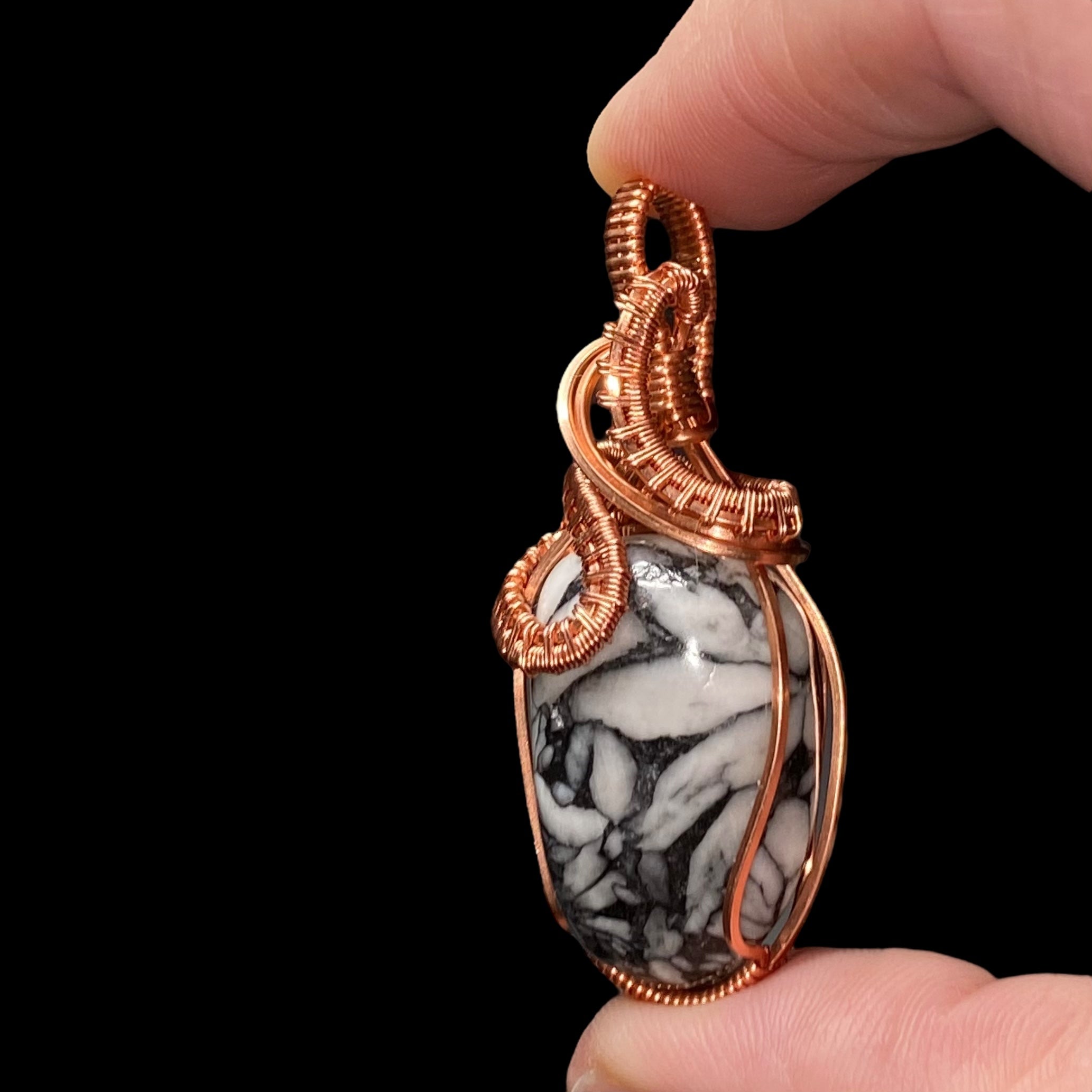 Pinolith Polished Tumble Stone & Raw Copper Wire Wrapped Pendant