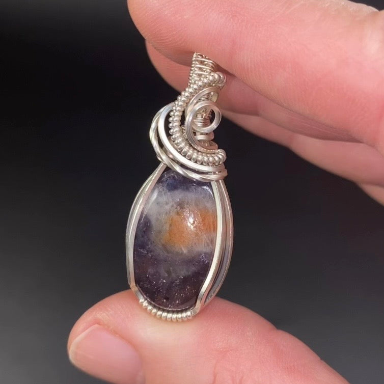 Sunstone in Iolite Tarnish Resistant Argentium Silver Wire Wrapped Pendant - Bloodshot Iolite