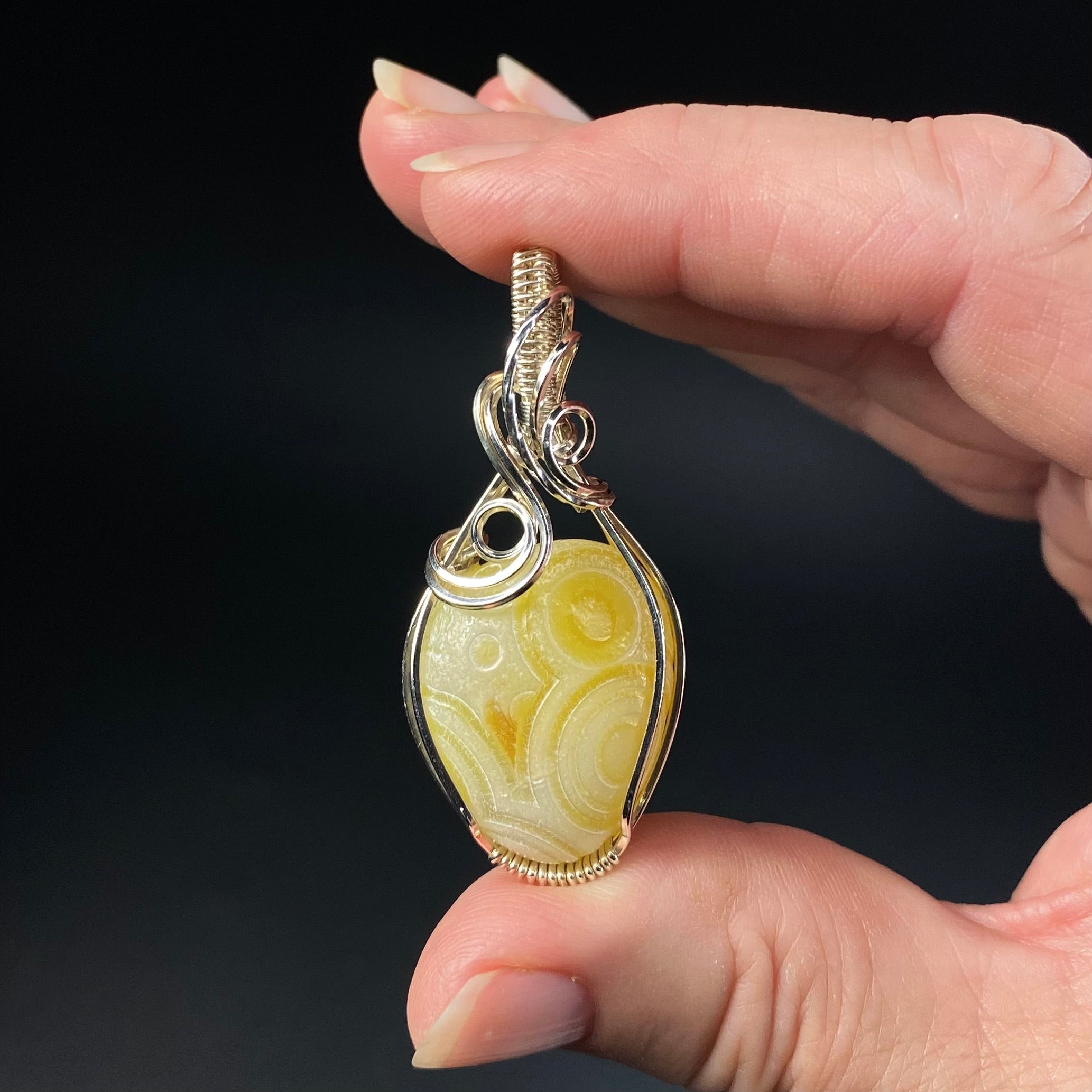 Yellow Gobi Desert Agate and Sterling Silver Wire Wrapped Pendant
