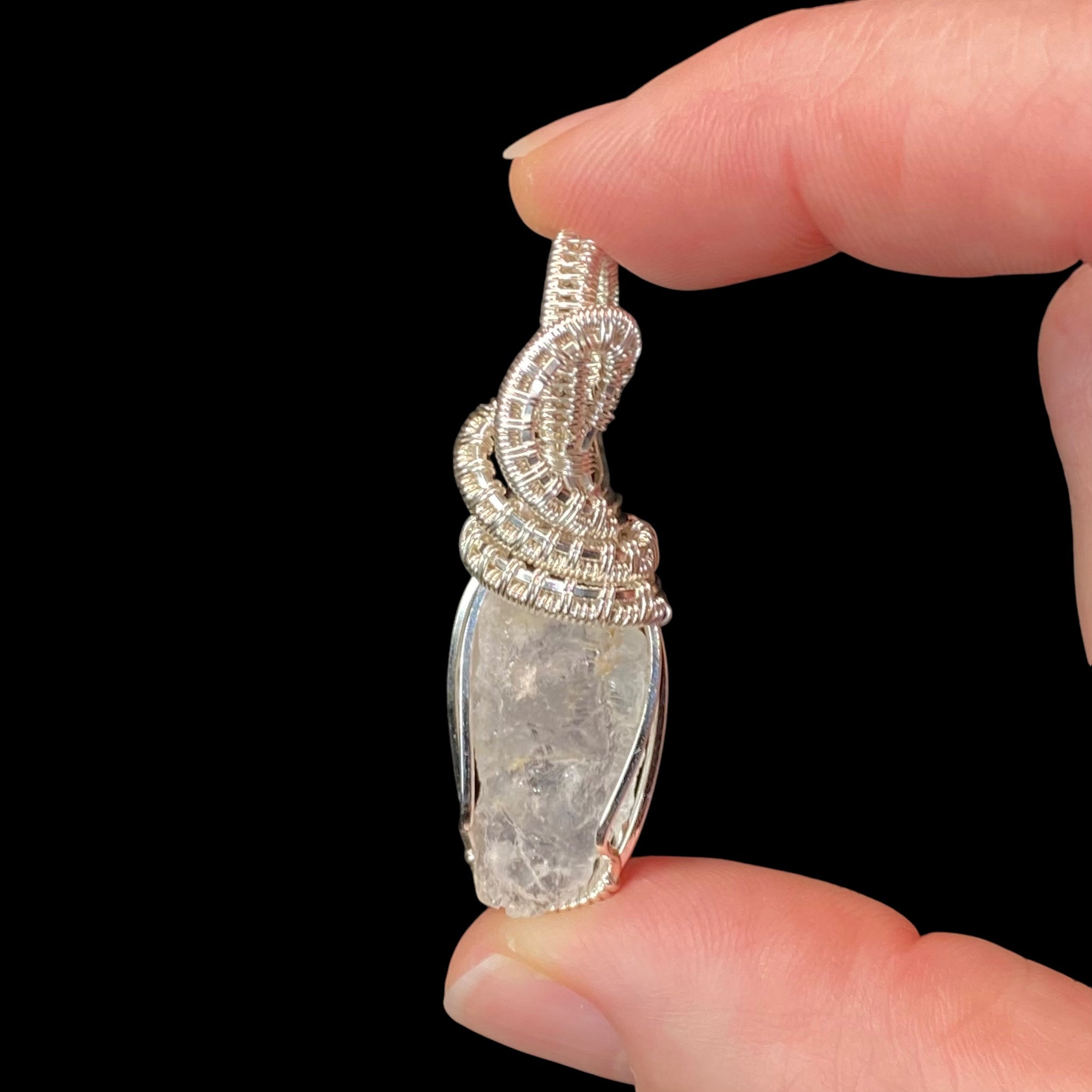 Raw Pollucite & Sterling Silver Wire Wrapped Pendant