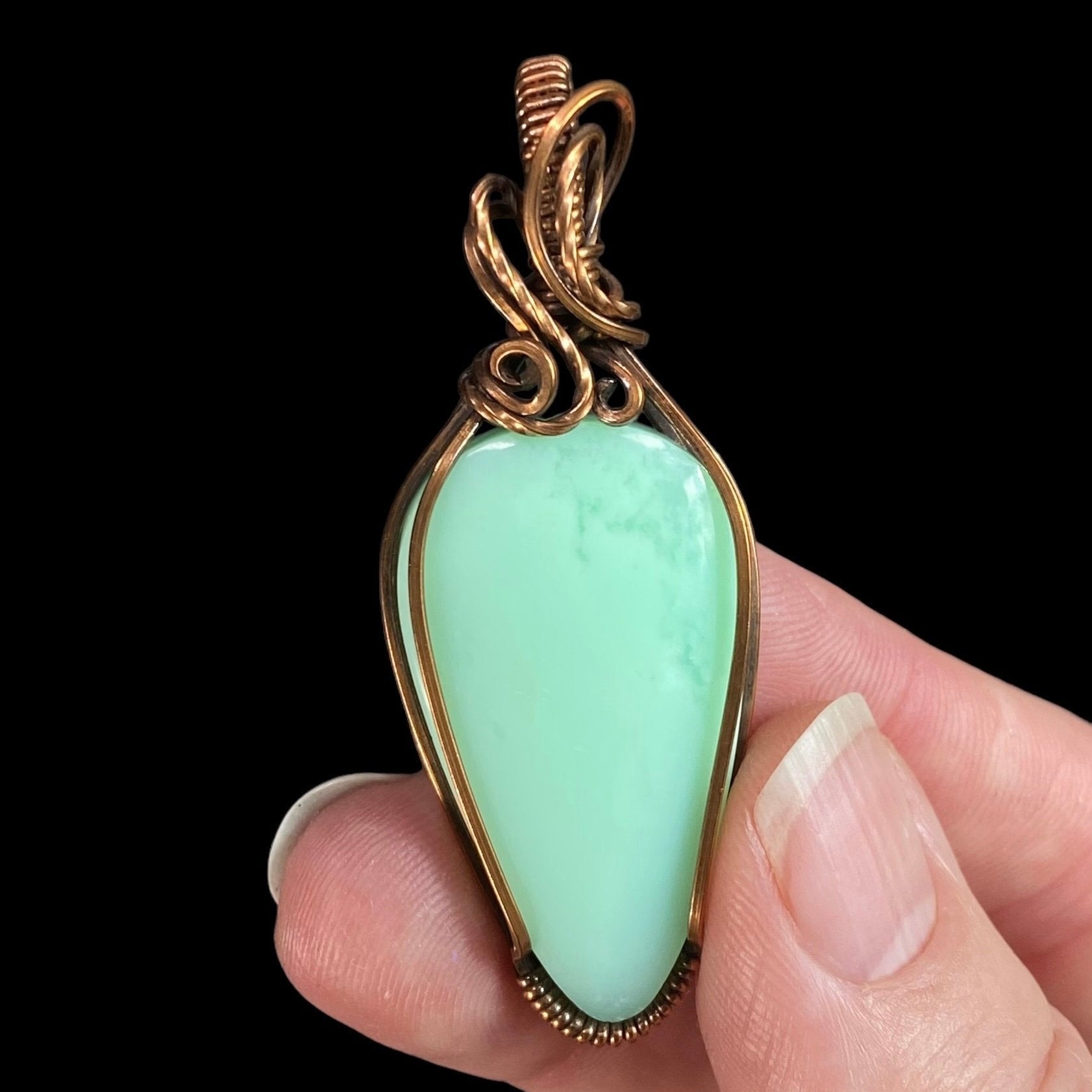 Green Common Opal and Copper Wire Wrapped Pendant