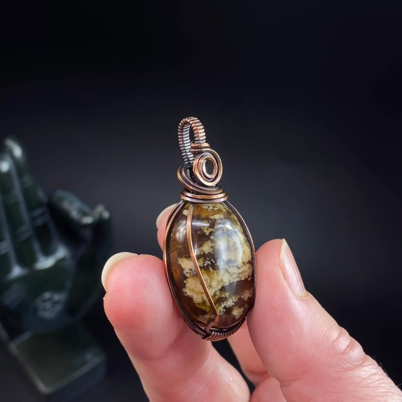 Sumatran Zebra Amber and Copper Wire Wrapped Pendant