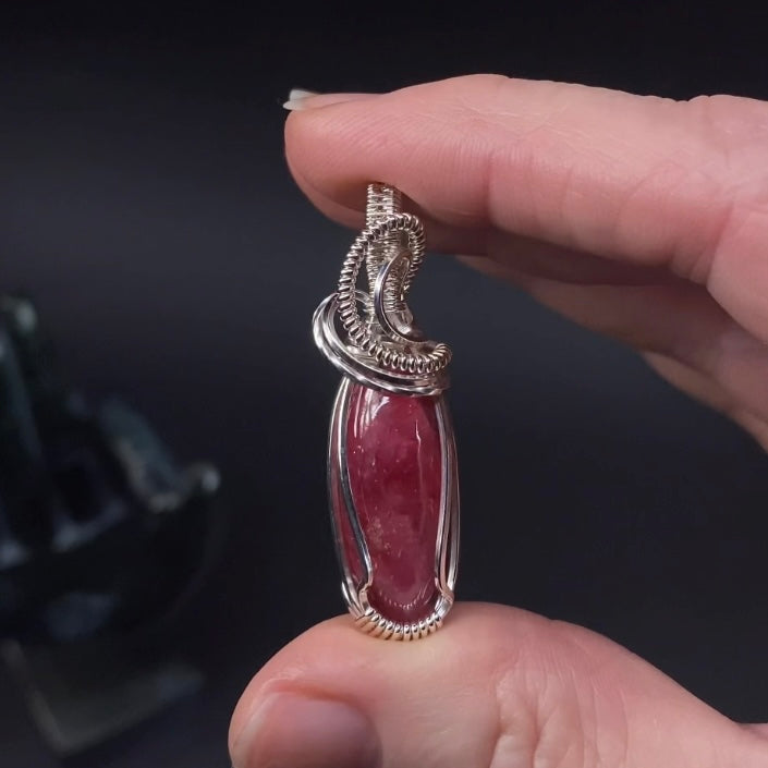 High Grade Polished Rhodonite & Sterling Silver Wire Wrapped Pendant