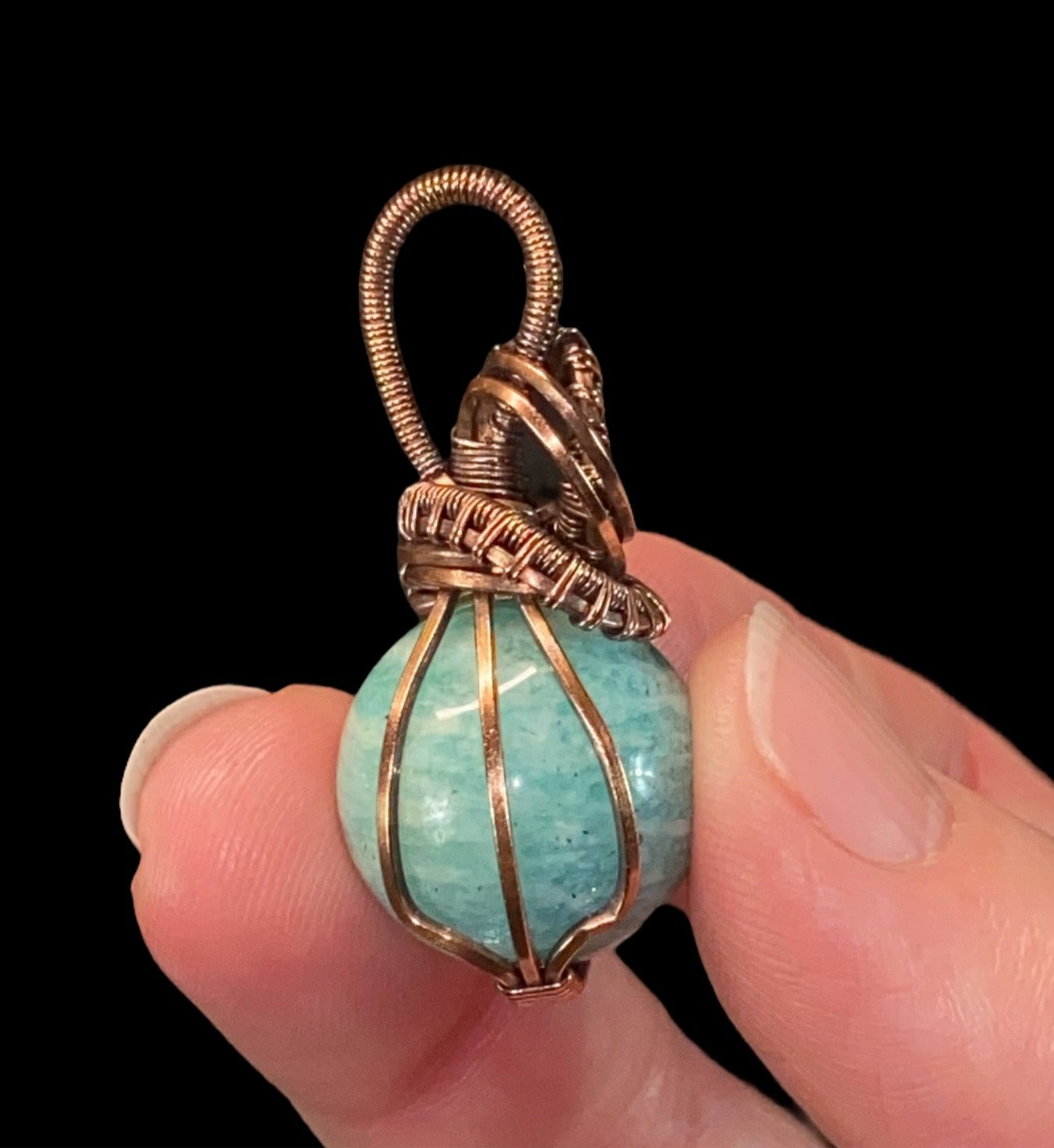 Amazonite Sphere and Copper Handmade Wire Wrapped Pendant