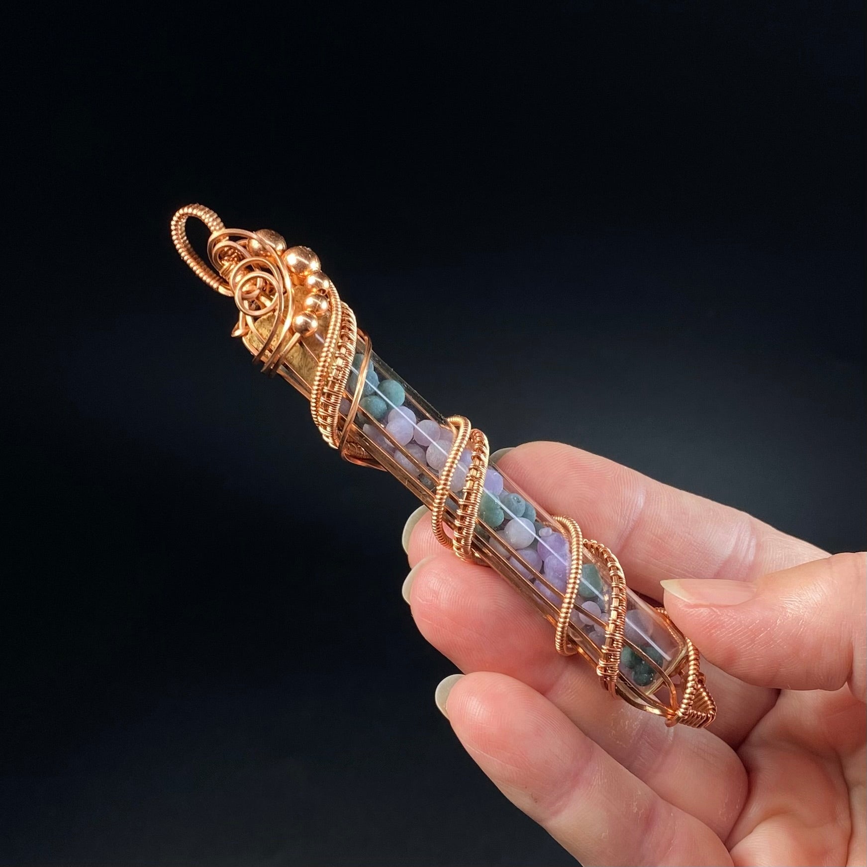 One of a Kind Botryoidal Amethyst aka Grape Agate Wire Wrapped Glass Vial Pendant