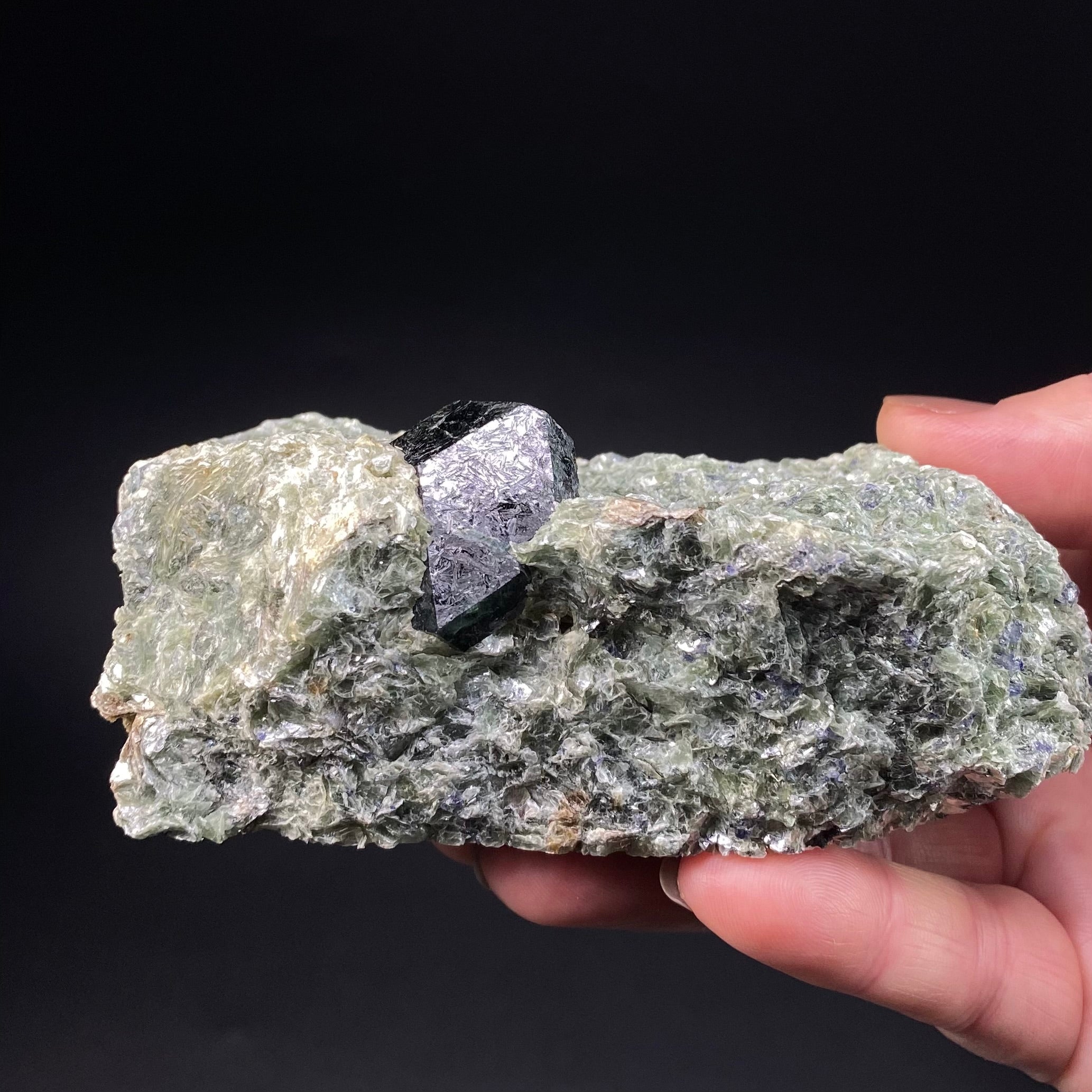 Dark Blue Dravite, Uvite in a Beautiful Green Mica Rich Matrix with Sapphires