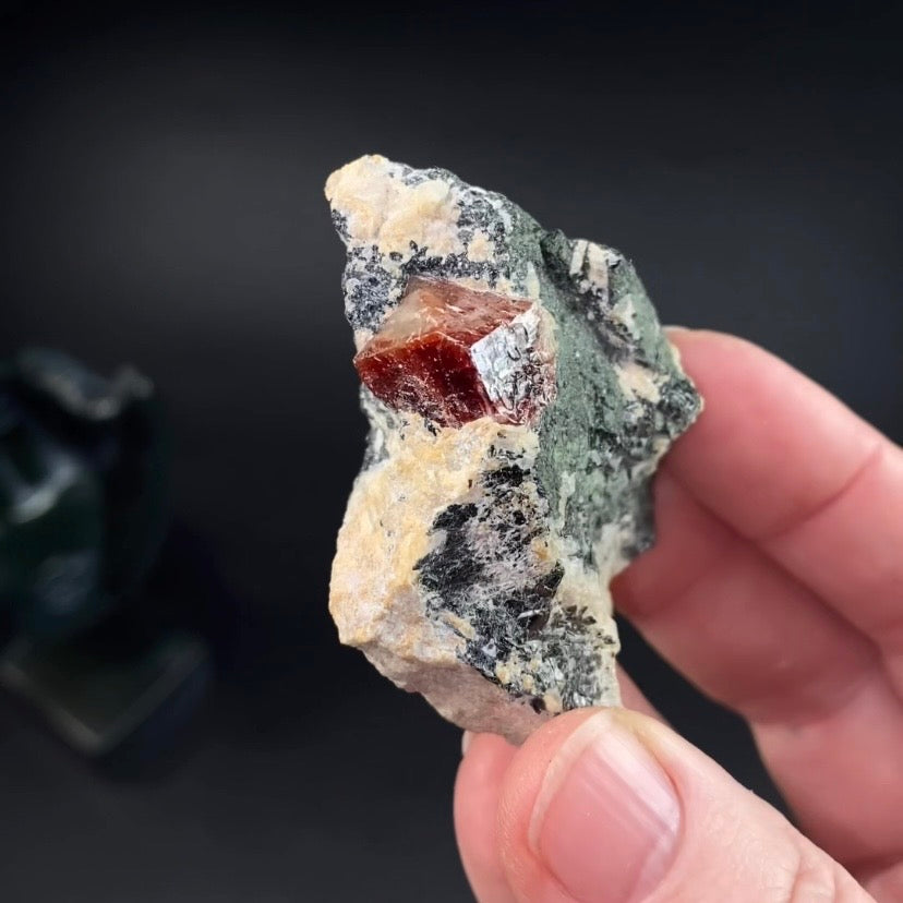 Zircon Crystal with Fluorescent Apatite Inclusions, Biotite-Calcite Aegirine matrix, Astore Valley, Pakistan