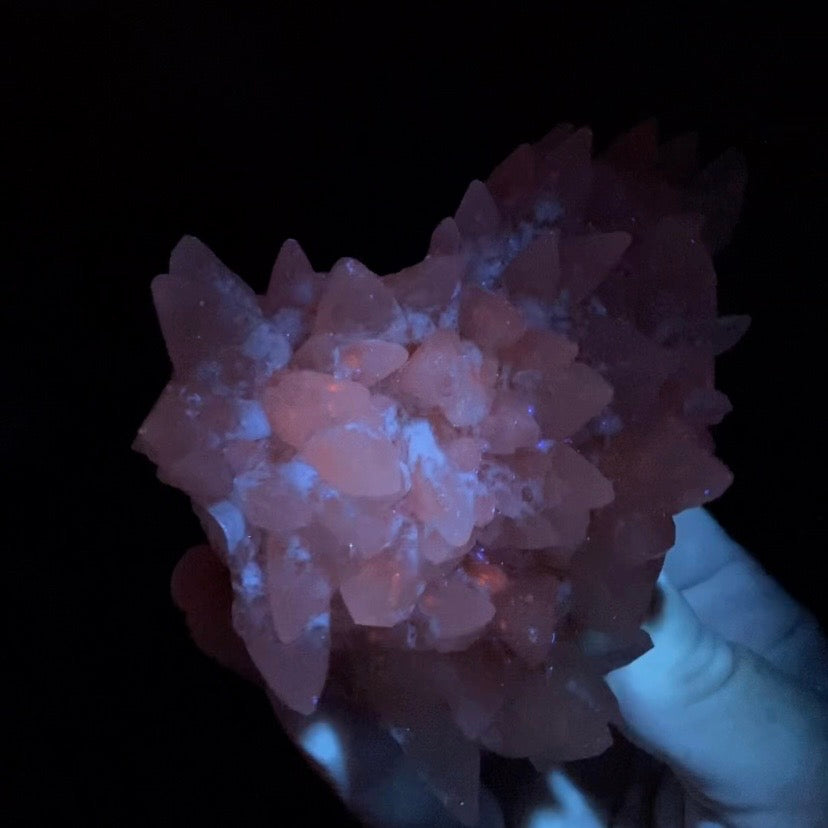 Scalenohedral DogTooth Calcite on Blue Purple Fluorite Matrix, UV Reactive, Fluorescent