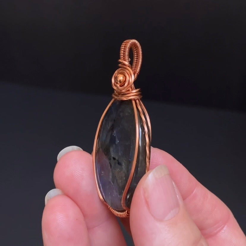 Blue Flash Labradorite & Raw Copper Wire Wrapped Pendant