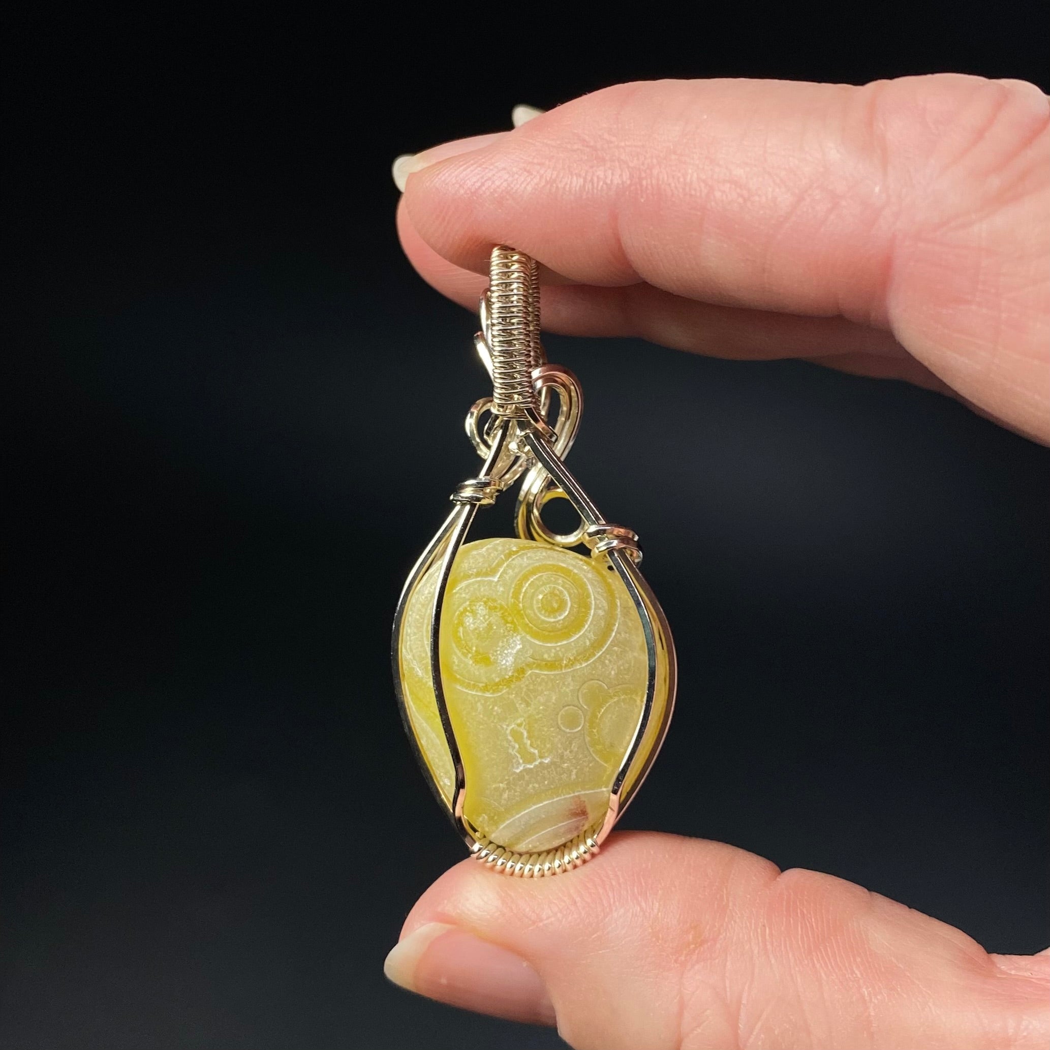 Yellow Gobi Desert Agate and Sterling Silver Wire Wrapped Pendant