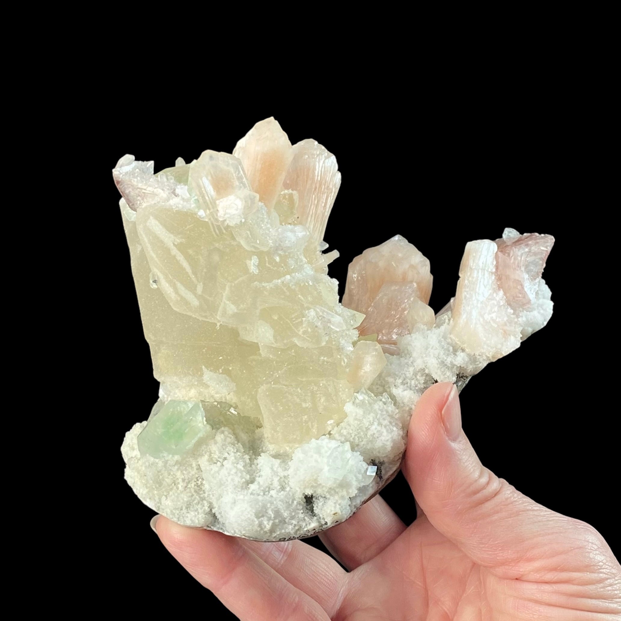 Pale Yellow Rhombic Calcite with Stilbite, Heulandite, Green Apophyllite & Chalcedony on Basalt Matrix Remnant