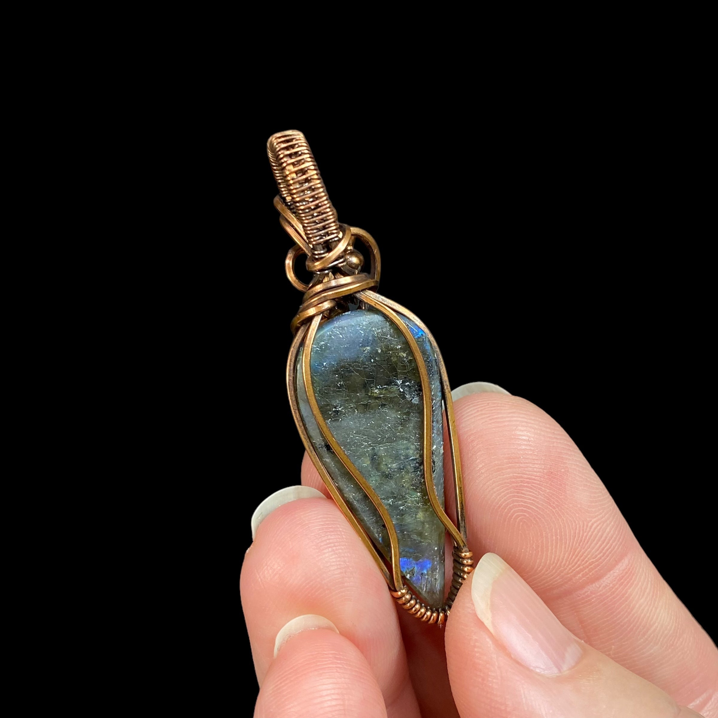 Labradorite Cabochon Wire Wrap Pendant - Oxidized Copper Wire