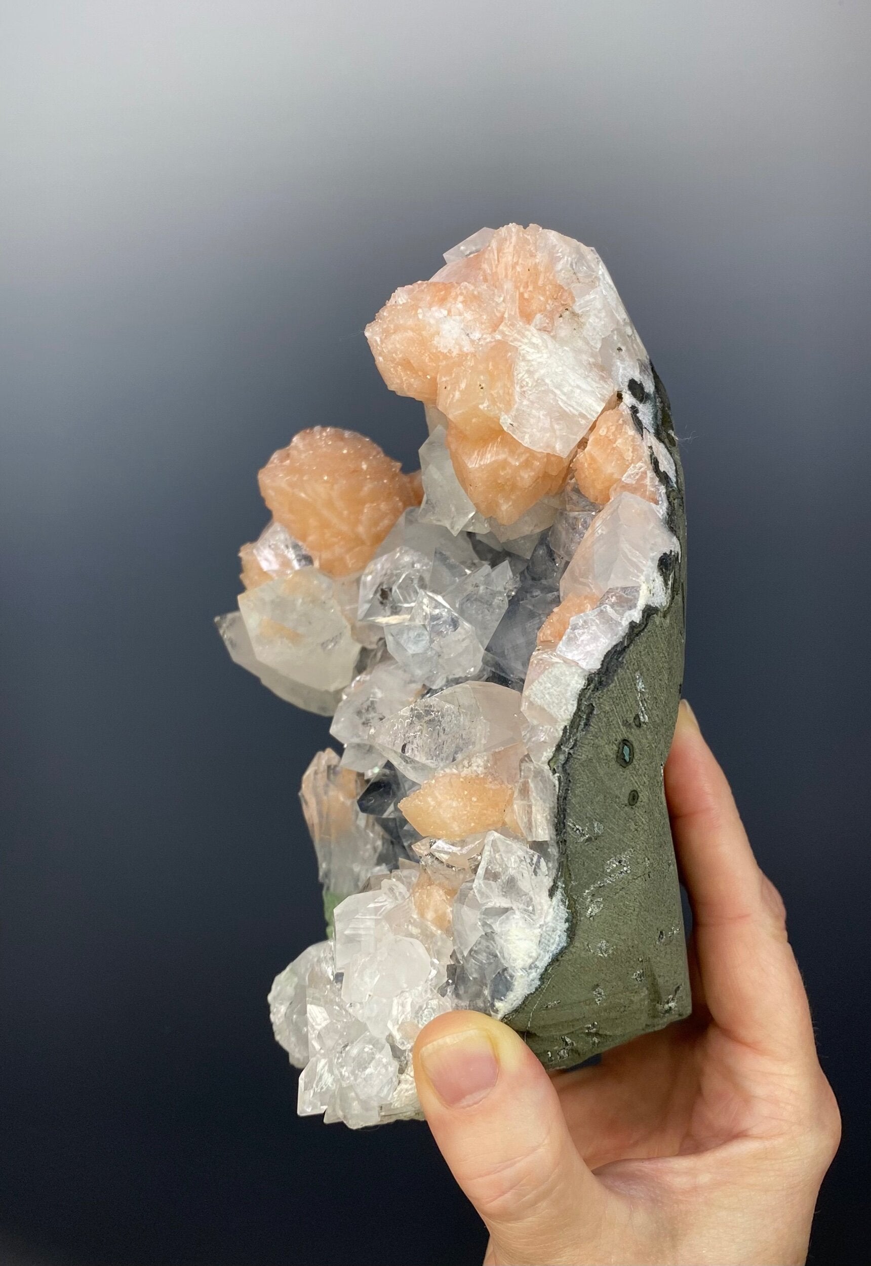 Clear Apophyllite Crystal Cluster with Stilbite in Trimmed Basalt Pocket from Maharashtra, India