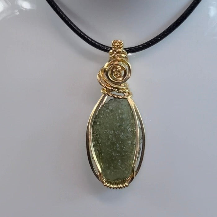 Genuine Moldavite & 14k Gold Fill Wire Wrapped Pendant