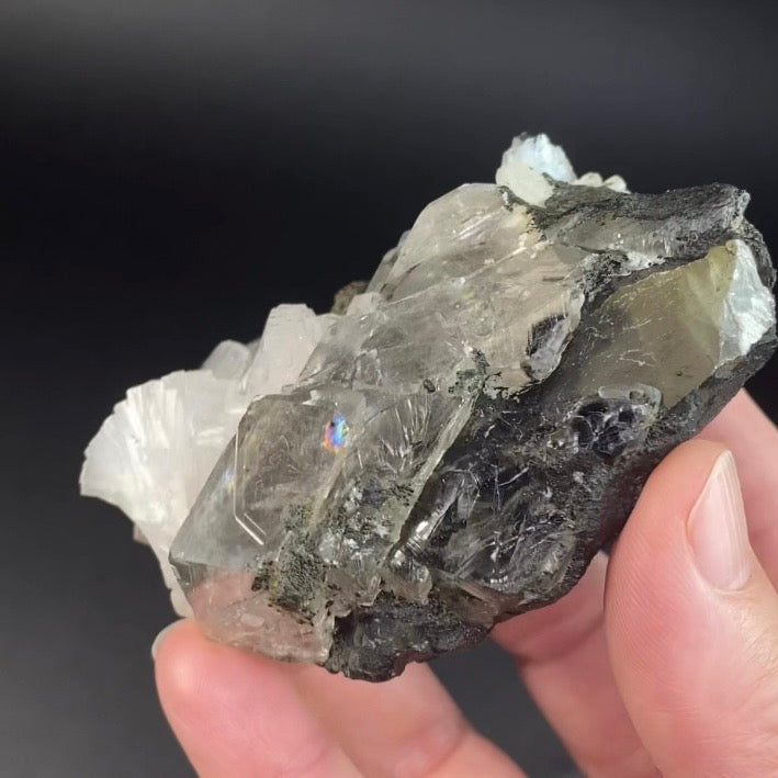 White Clear Heulandite Fan Cluster with Clear Calcite on Basalt Matrix
