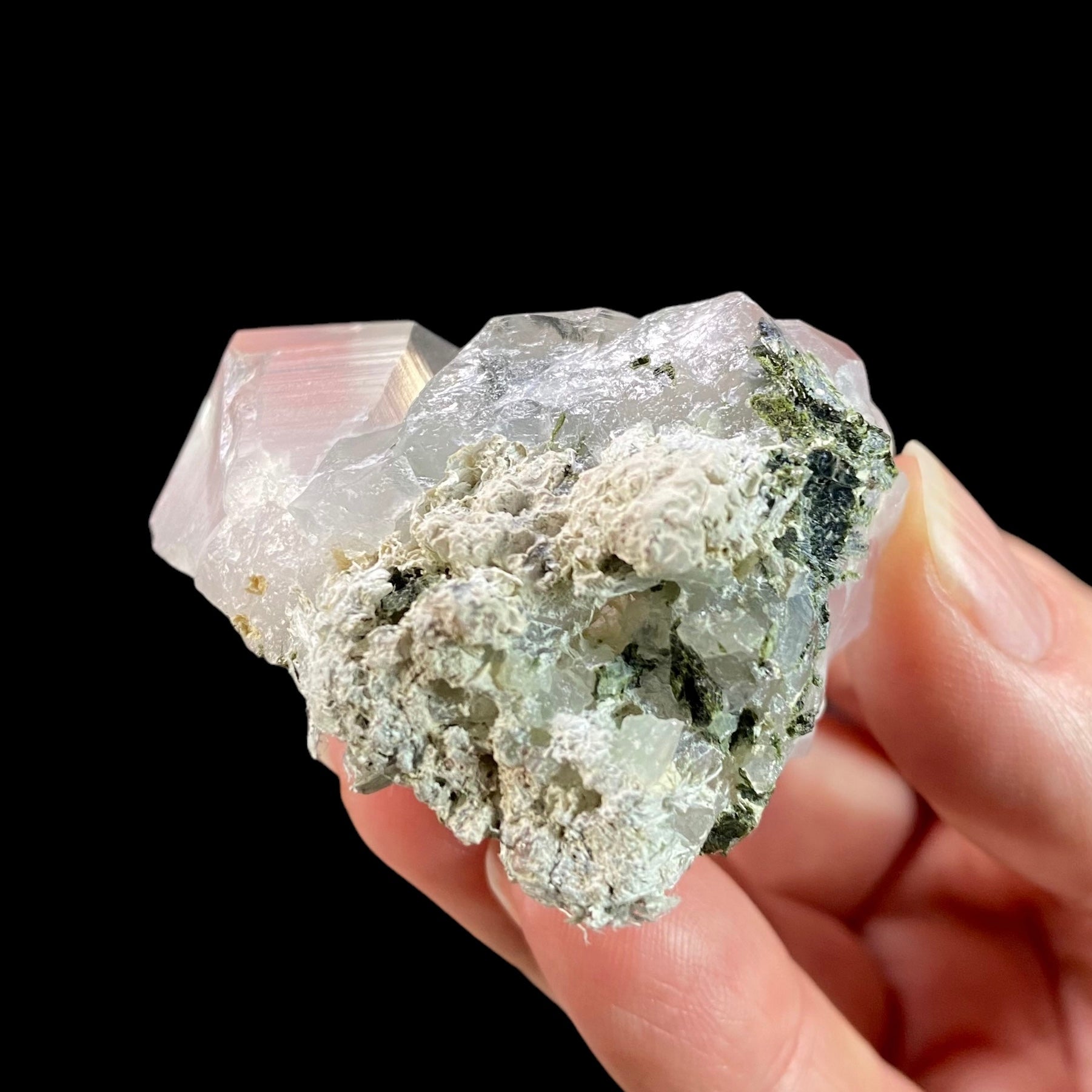 Quartz Crystal Cluster with Dark Green Epidote Crystals & Byssolite