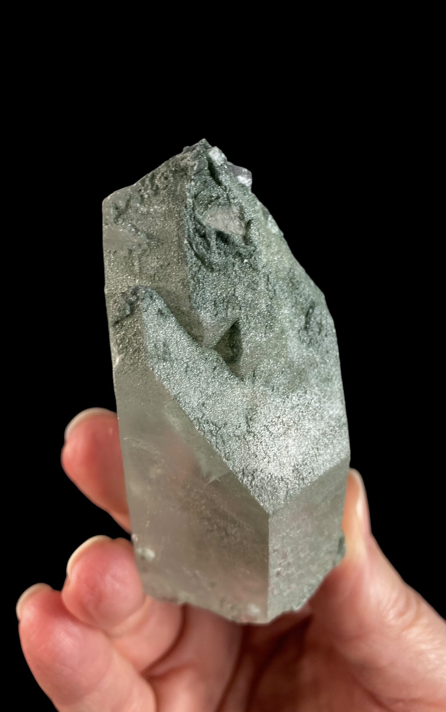 Quartz Crystal with Shimmering Natural Chlorite Surface Deposit