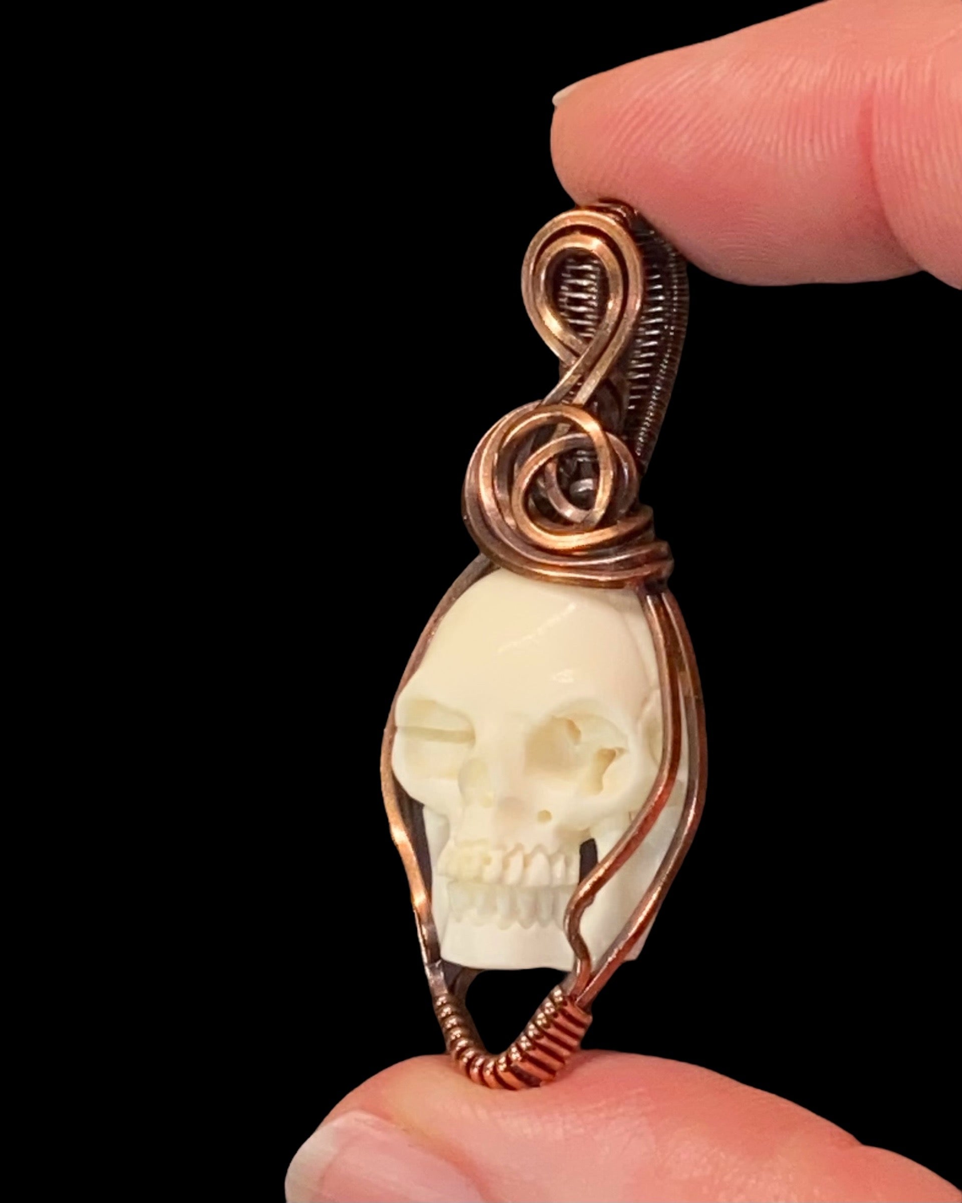 Carved Bone Skull and Copper Handmade Wire Wrapped Pendant