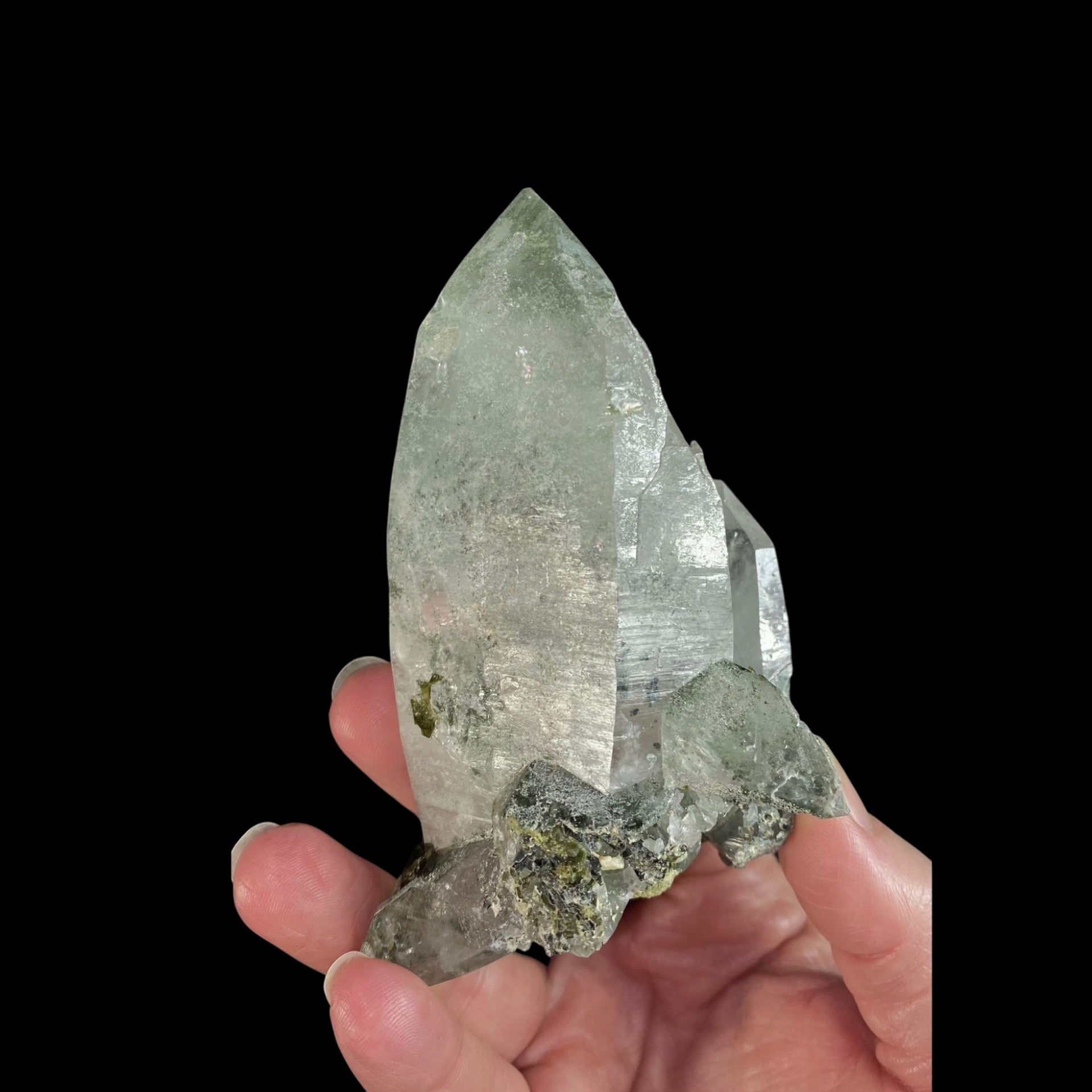 Chlorite Included Trigonal Habit Himalayan Quartz Crystal Cluster with Epidote Crystals, Hashupi, Pakistan