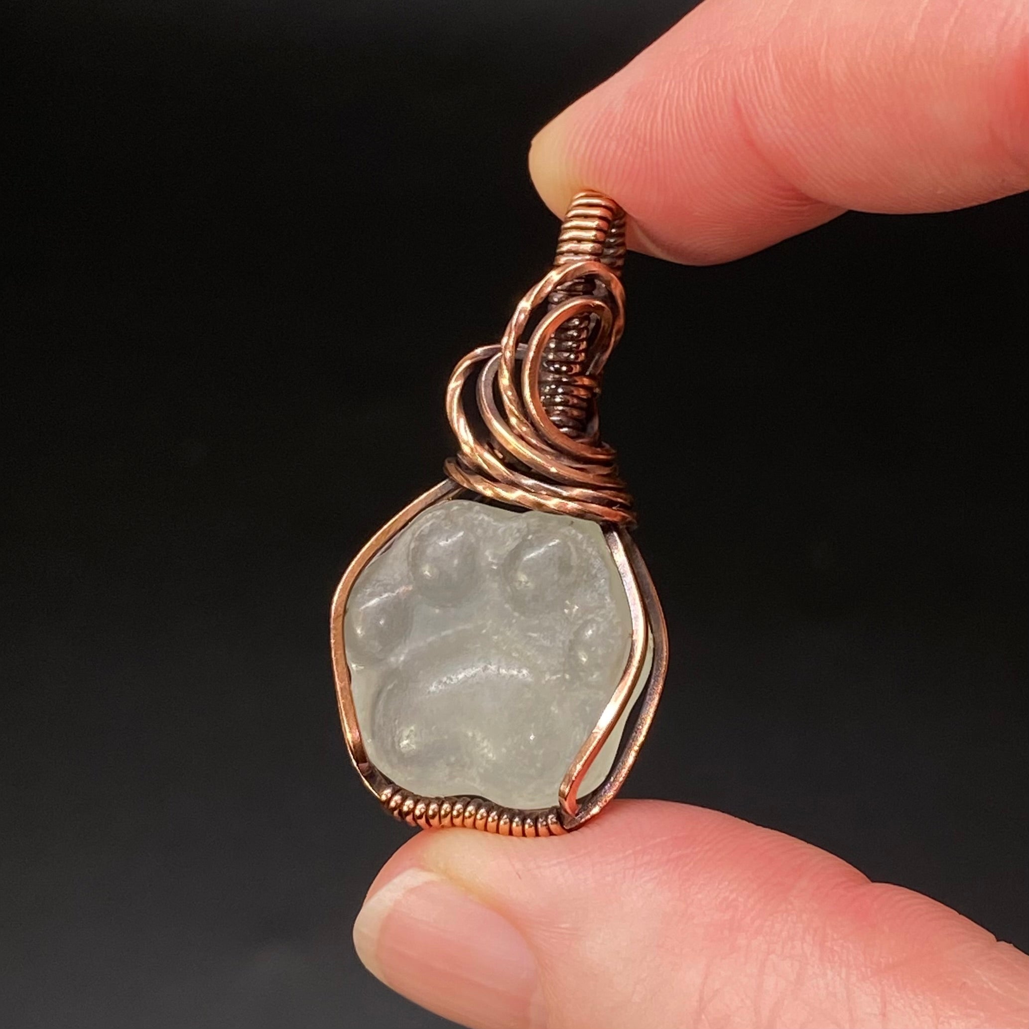 Green Fluorite Dog or Cat Paw Cabochon and Copper Wire Wrapped Pendant