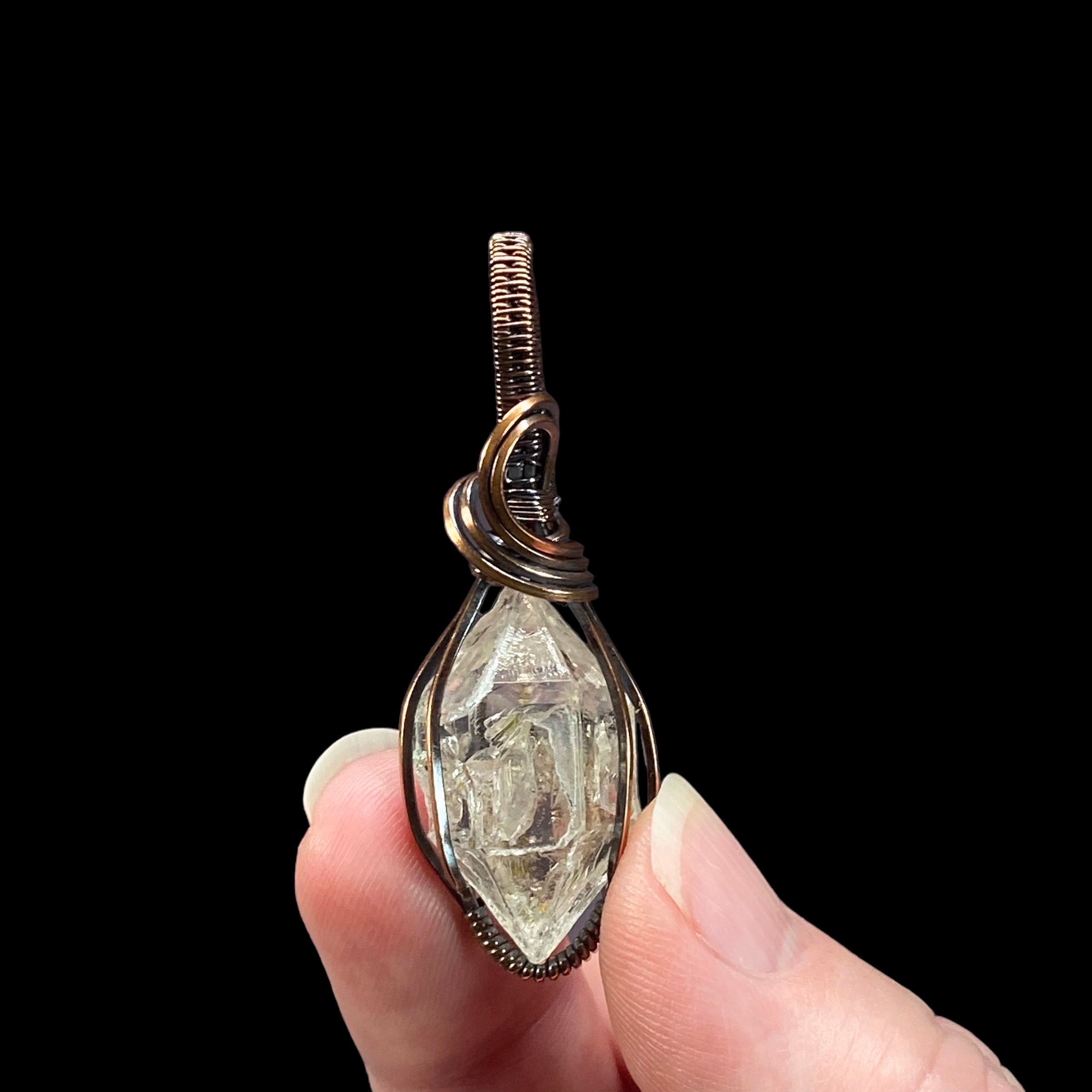 Fluorescent Petroleum Skeletal Fenster Quartz & Copper Wire Wrapped Pendant