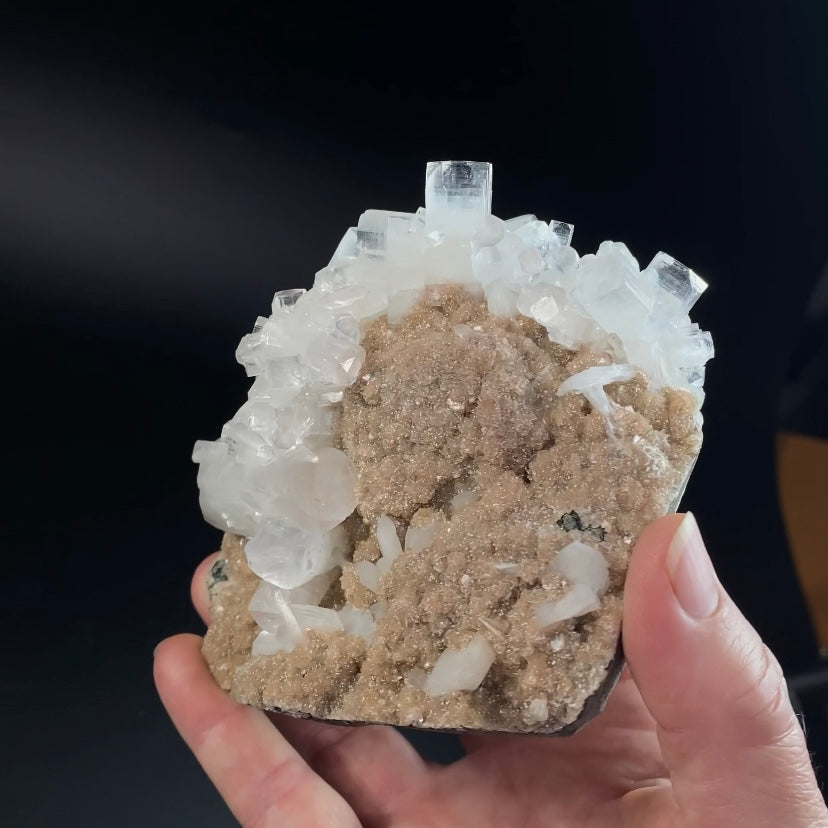 Clear Apophyllite Crystals with Peach Stilbite & Okenite on Basalt Matrix