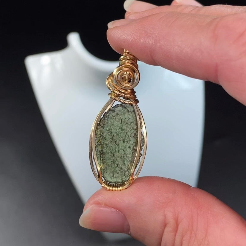 Genuine Moldavite & 14k Gold Fill Wire Wrapped Pendant