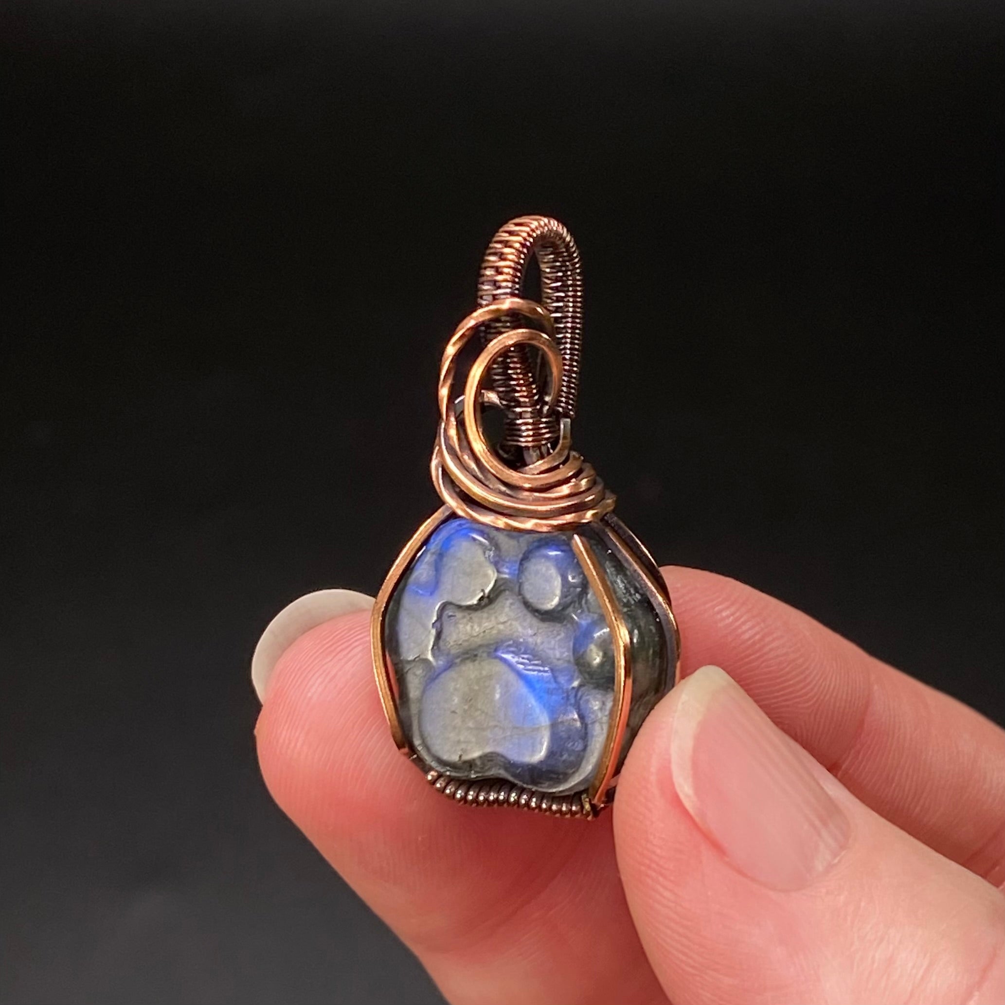 Labradorite Dog or Cat Paw Cabochon and Copper Wire Wrapped Pendant