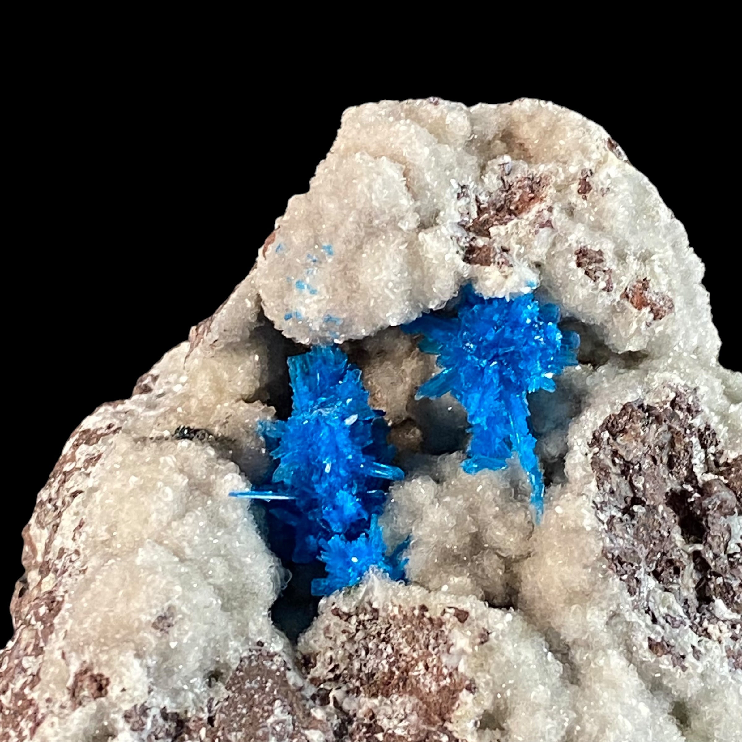 Vibrant Blue Pentagonite Clusters on Druzy Stilbite & Basalt Matrix