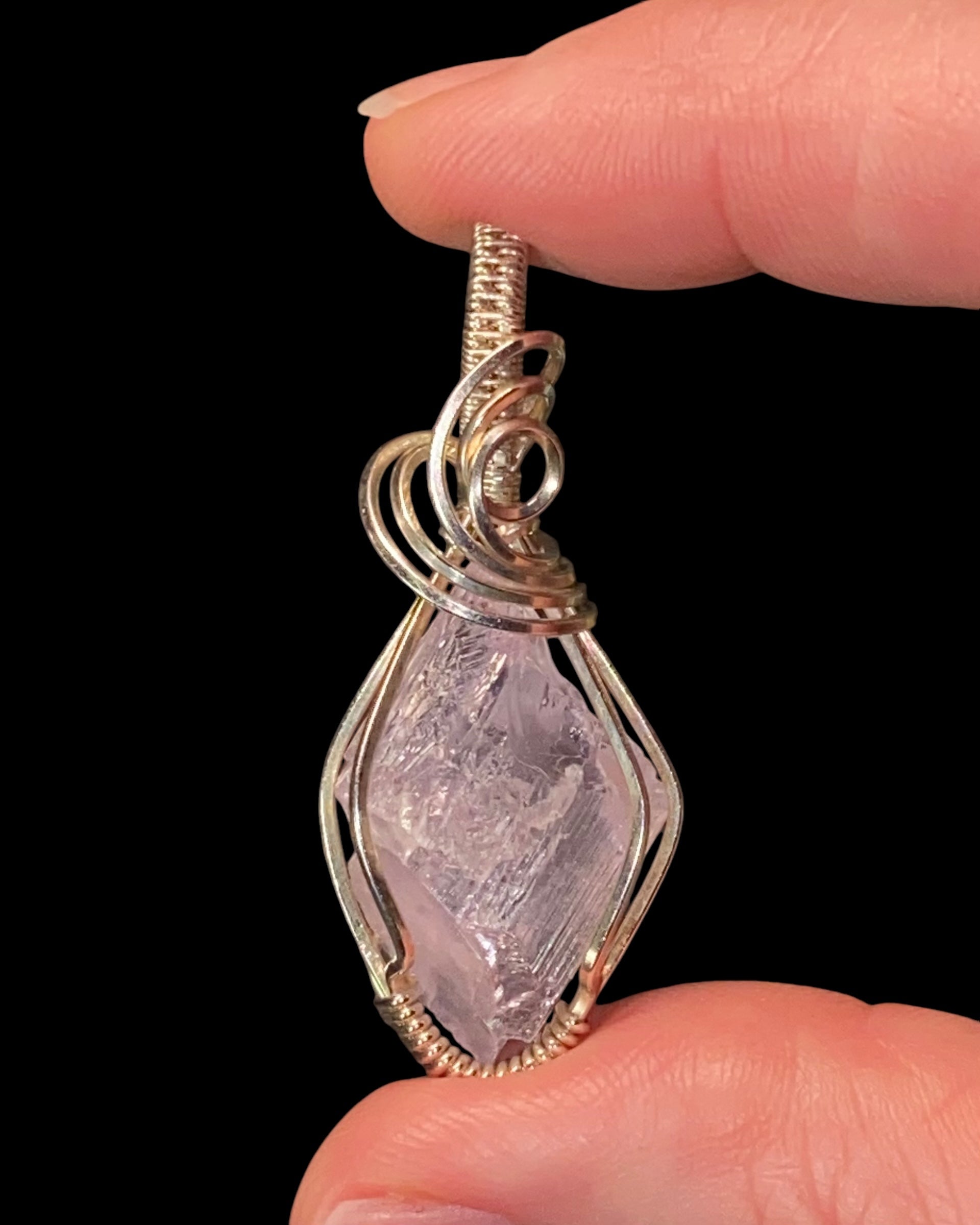 Fluorescent Spodumene Kunzite & Sterling Silver Wire Wrapped Pendant