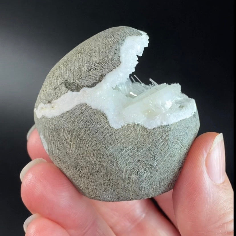 Scolecite Spray with Apophyllite & Stilbite in Trimmed Basalt Geode Pocket