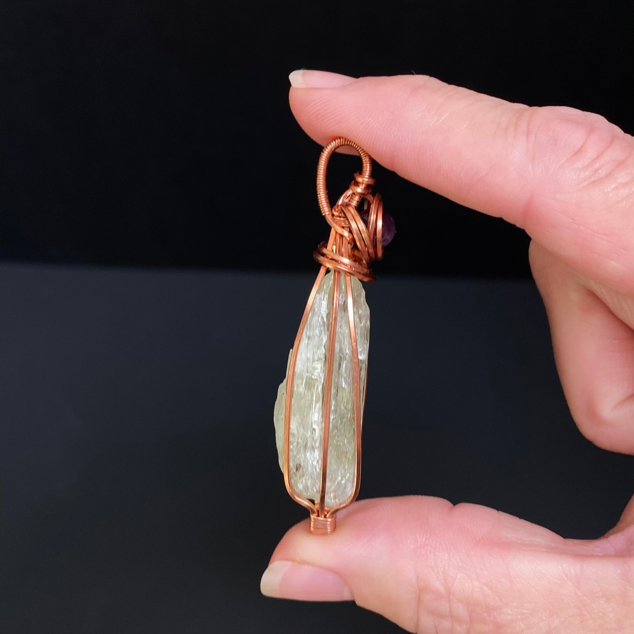 Yellow Spodumene Triphane & Copper Wire Wrapped Pendant with Amethyst - Yellow Kunzite