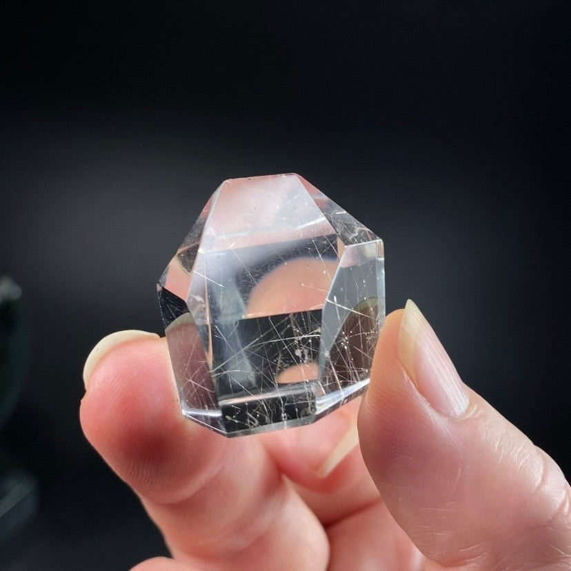 Polished Clear Quartz Crystal with Silver Rutile from Minas Gerais, Brazil