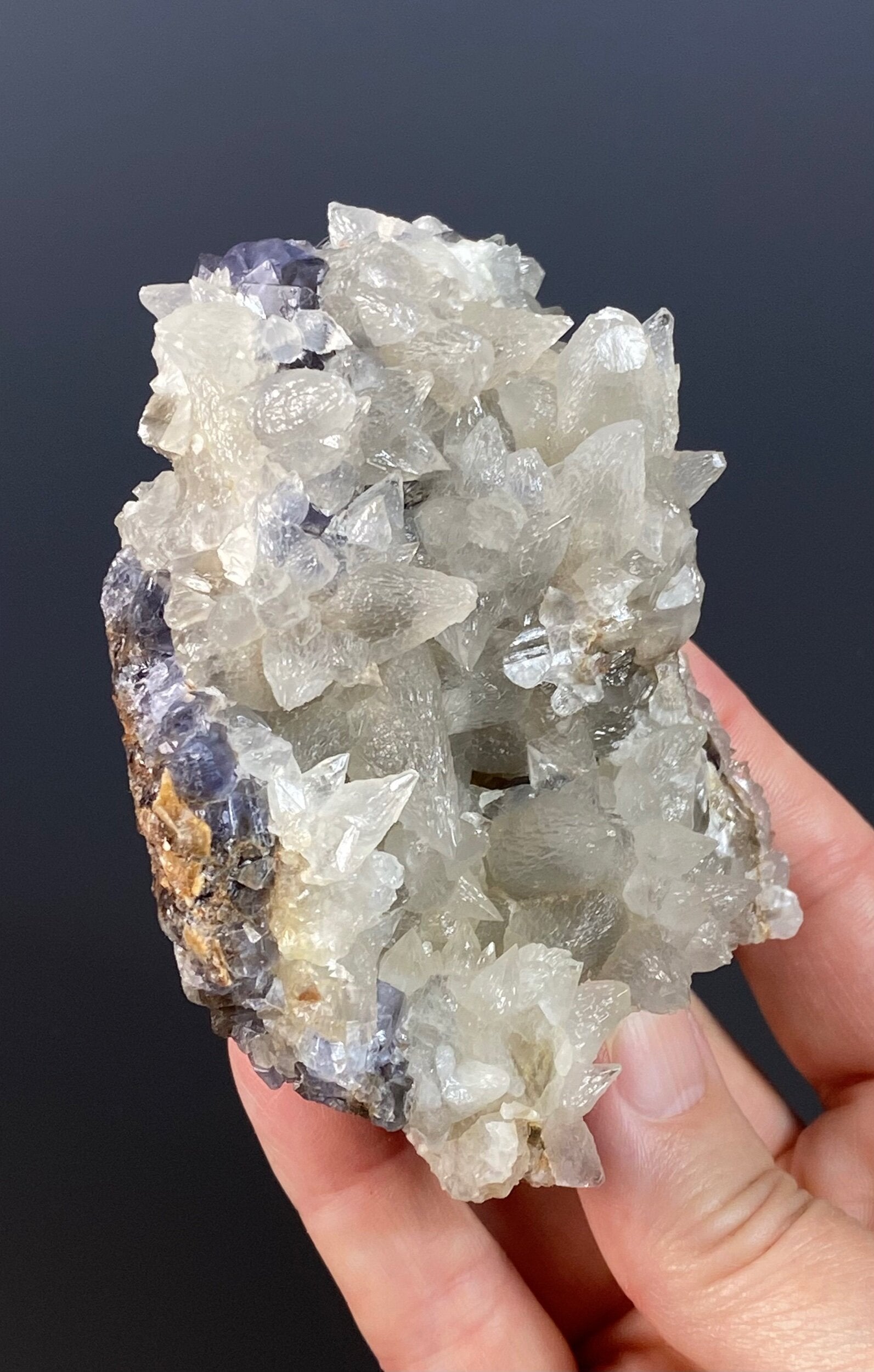 Dog Tooth Calcite Cluster on Blue / Purple Fluorite Matrix - UV Reactive - Fluorescent 365 nm Long Wave