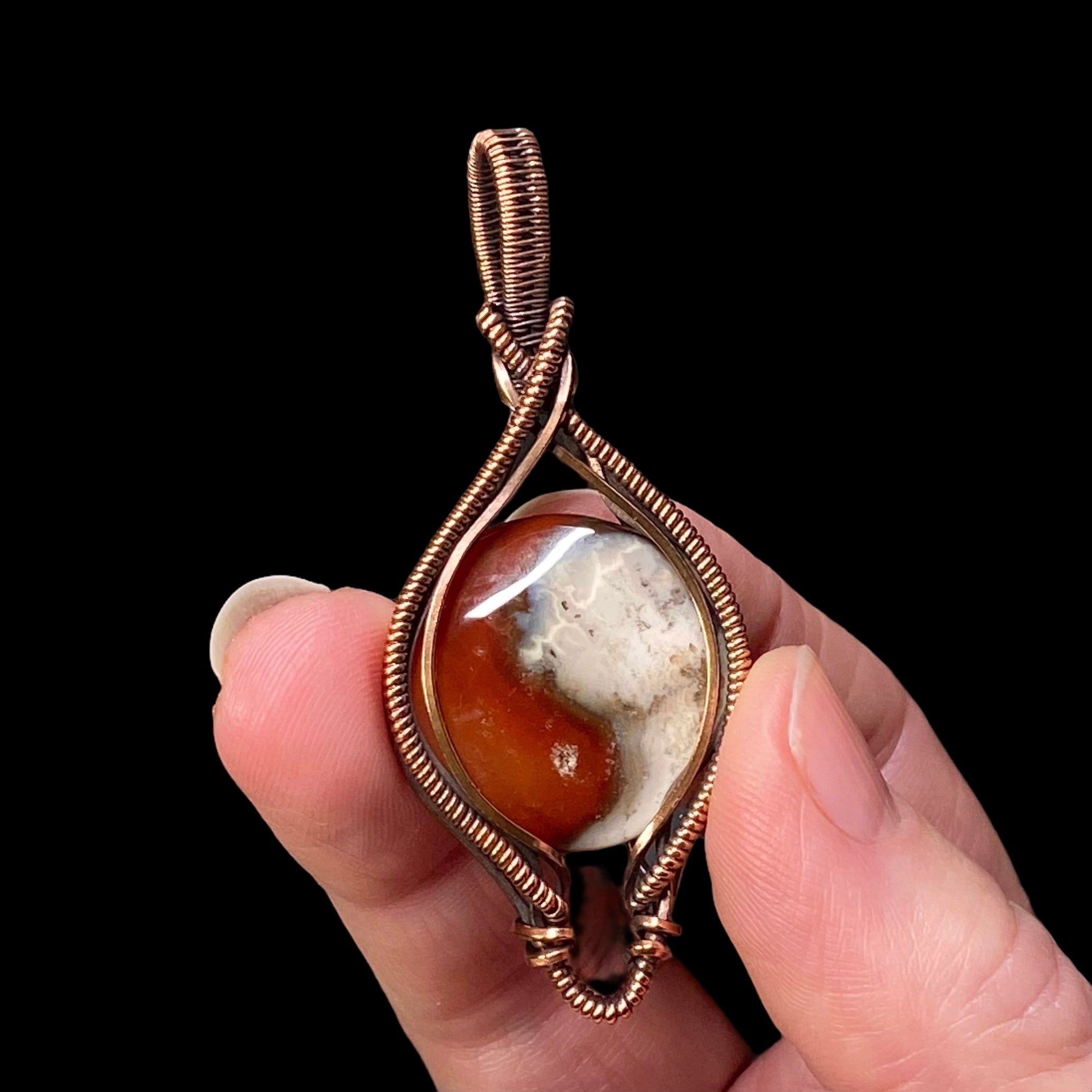 Yin Yang Carnelian Agate & Copper Handmade Wire Wrapped Pendant, Natural Stone Crystal Jewelry