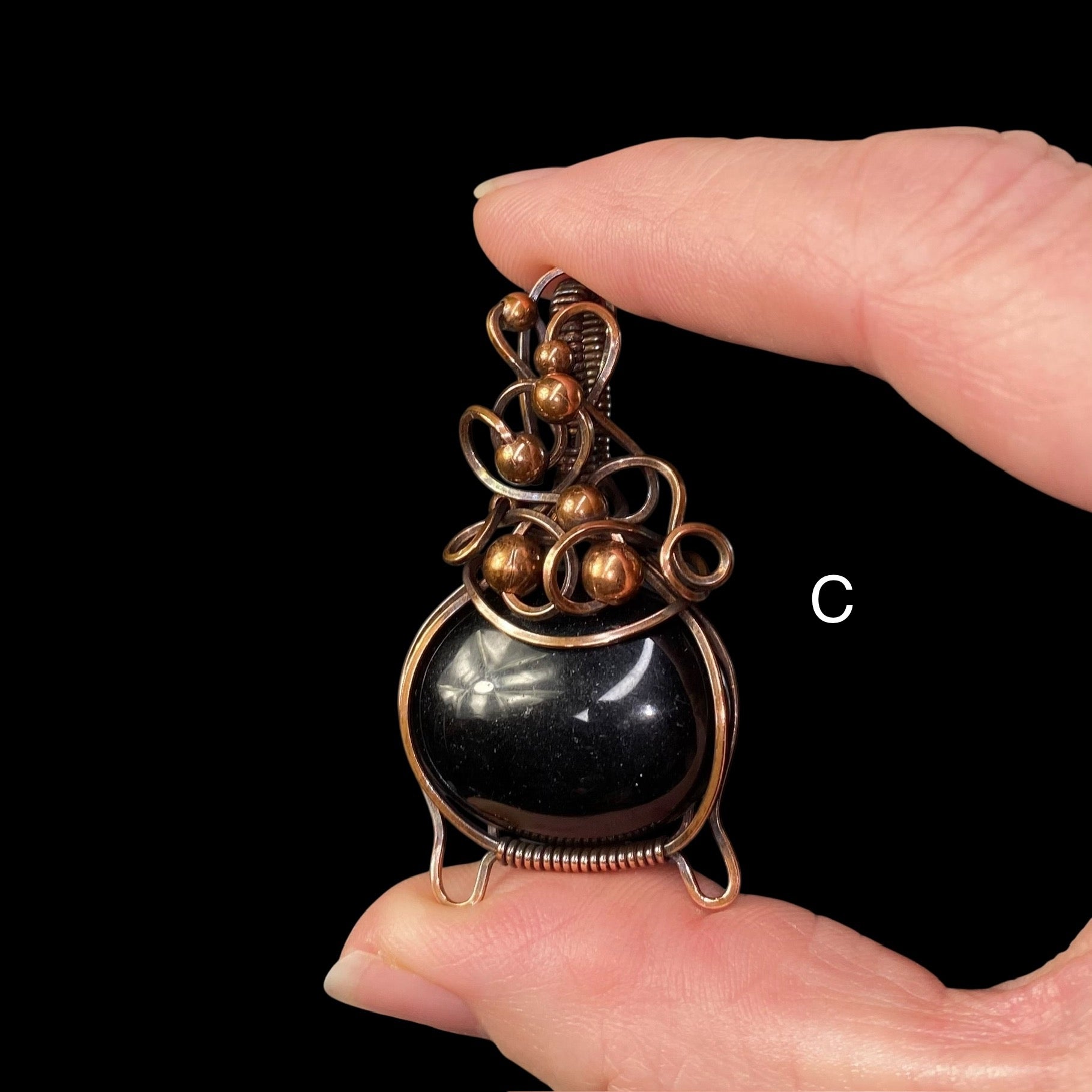 Bubbling Cauldron Black Onyx and Copper Wire Wrapped Pendant, Halloween Jewelry
