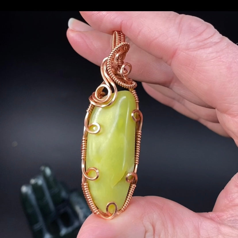 Noble Serpentine Healerite and Raw Copper Wire Wrapped Pendant
