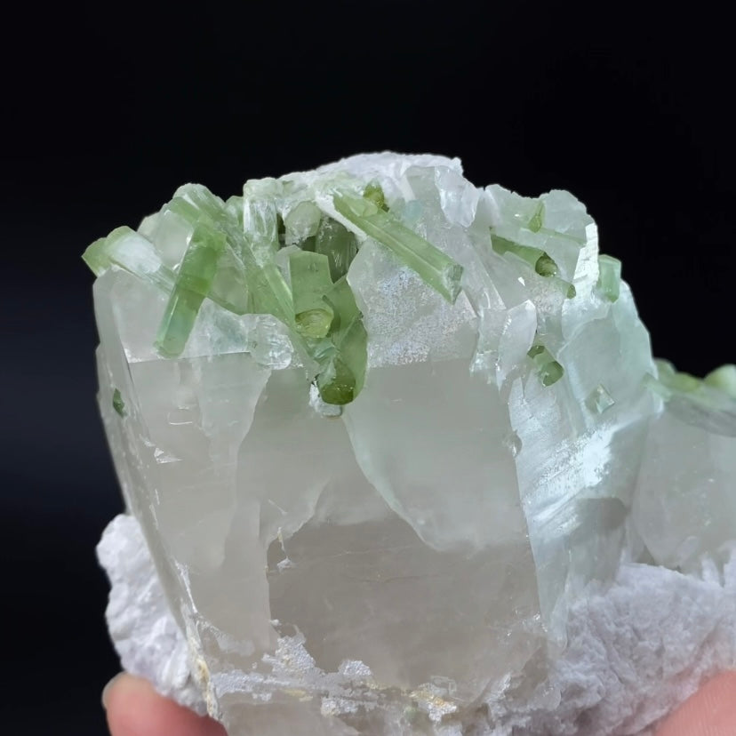 Green Tourmaline Crystals with Lepidolite on Quartz, Laghman, Afghanistan