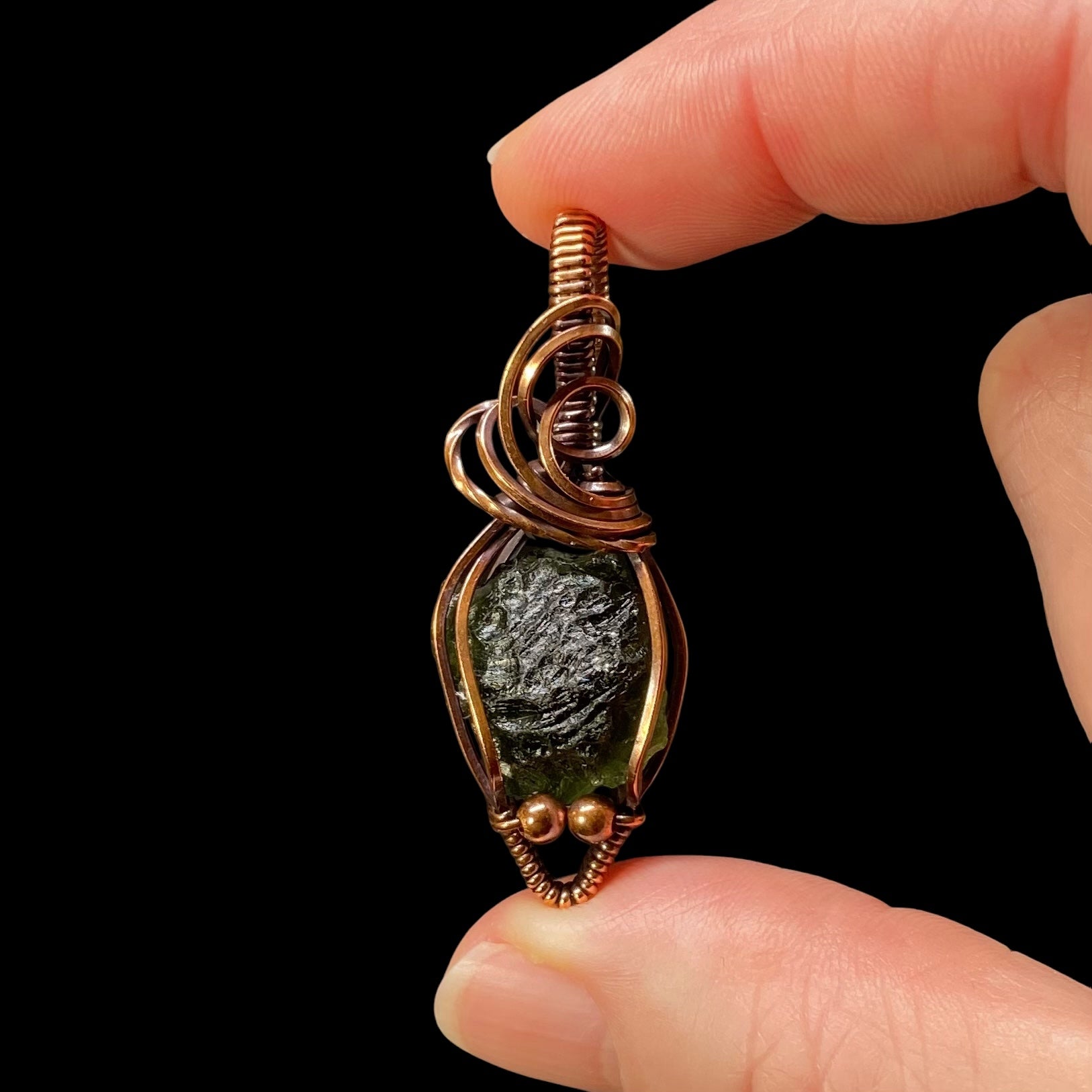 Genuine Moldavite and Copper Wire Wrapped Pendant