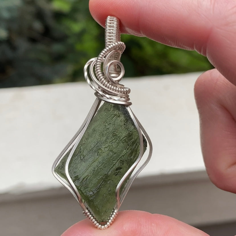 Genuine Moldavite Wire Wrapped Pendant in Sterling Silver Wire