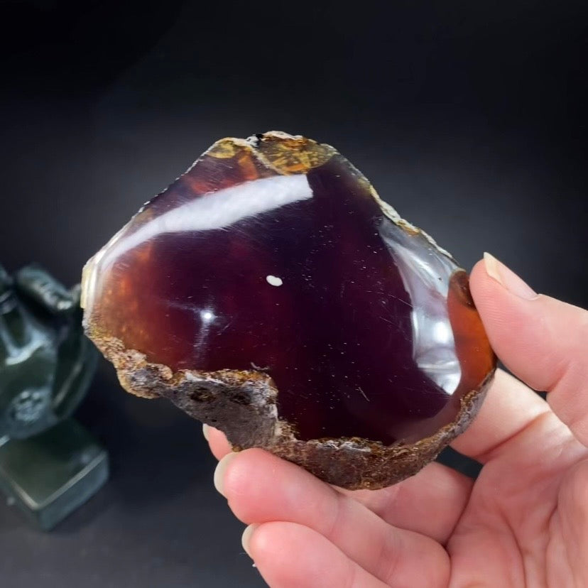 High Grade Sumatran Blue Amber Polished Display Face and Raw Exterior