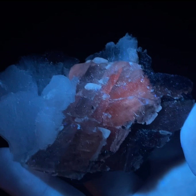 White Clear Heulandite Fan Cluster with Clear Calcite on Basalt Matrix