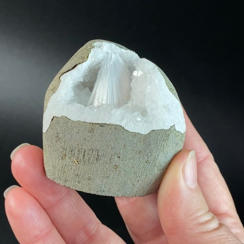 Scolecite with Apophyllite & Stilbite in Trimmed Basalt Geode Pocket